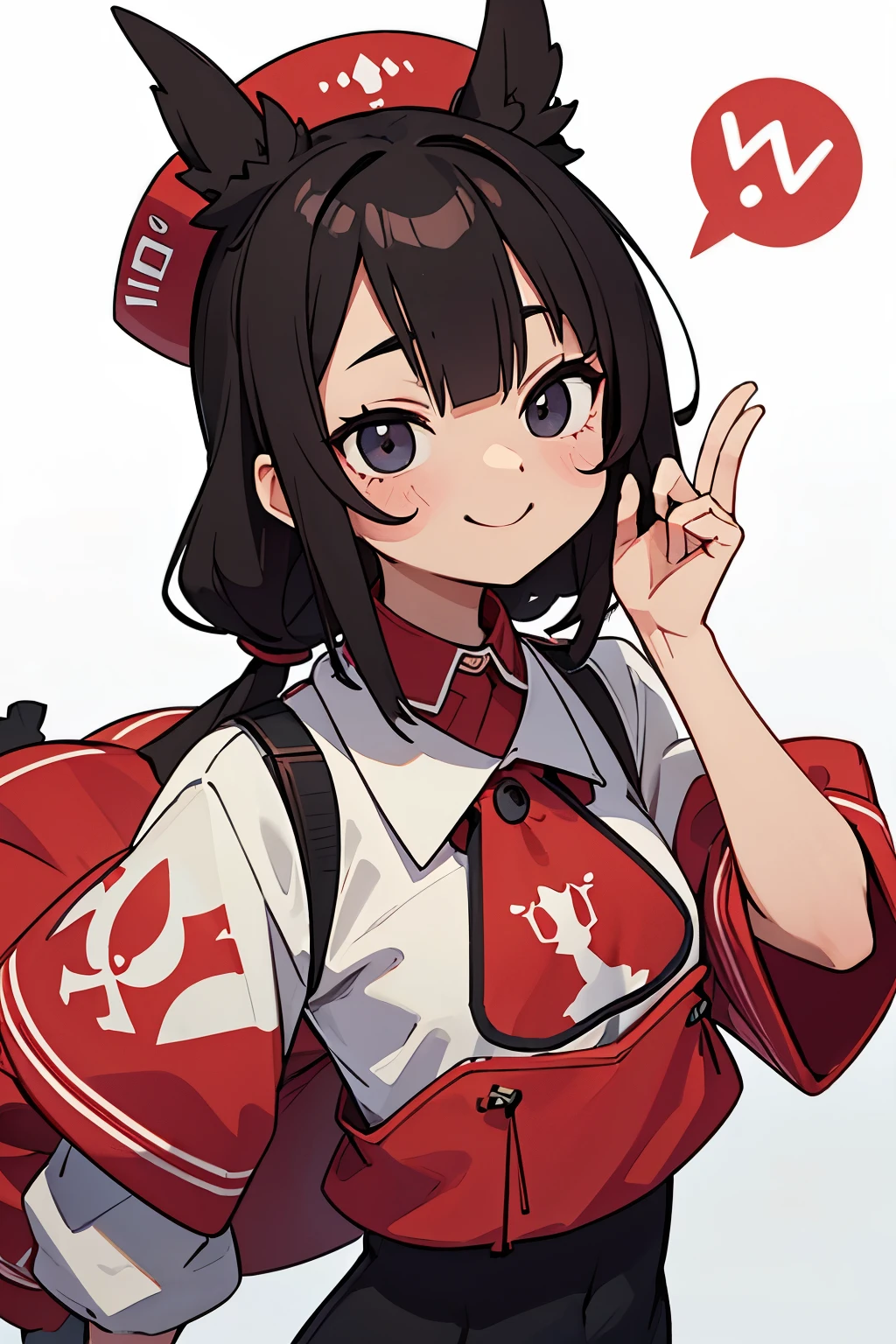 longshot、Cute smile、Right eye closes、Red face、Put your hands forward and your palms facing up.、Fingers open