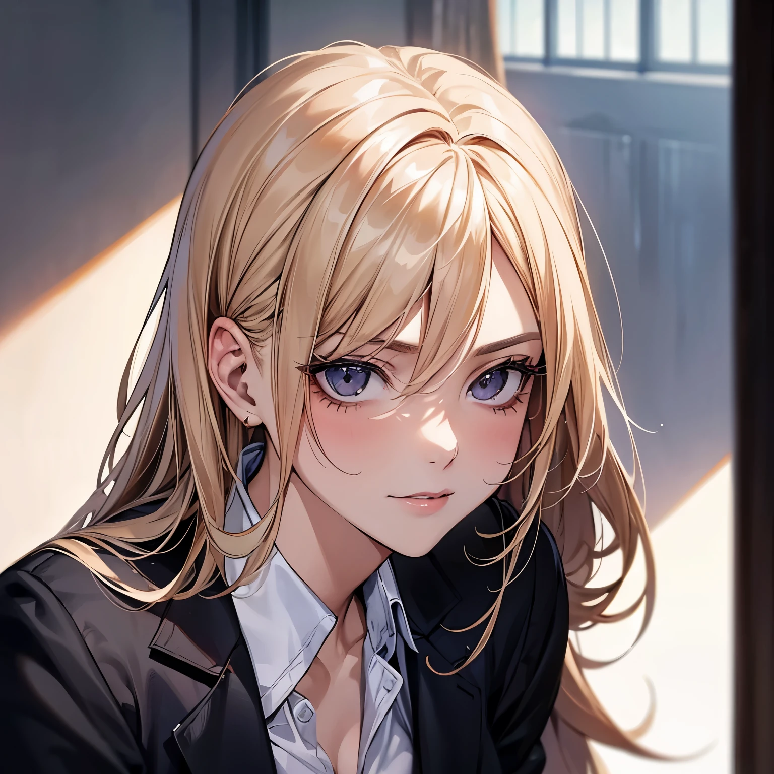 A pretty beautiful lady, middle woman, black eyes and blonde hair, long hair, "White buttoned shirt", "Black blazer", "Stockings",, looking at you in seductively, looking at you in flirtly, looking at you in seductively,looking at you in flirtly,looking at you in seductively a human, modern era, daylight, the backround to school hallway, head portrait, face focus, tilting her face, head portrait, face focus,head portrait, face focus, head portrait, face focus, head portrait, face focus, tilting her face,tilting her face,tilting her face,tilting her face