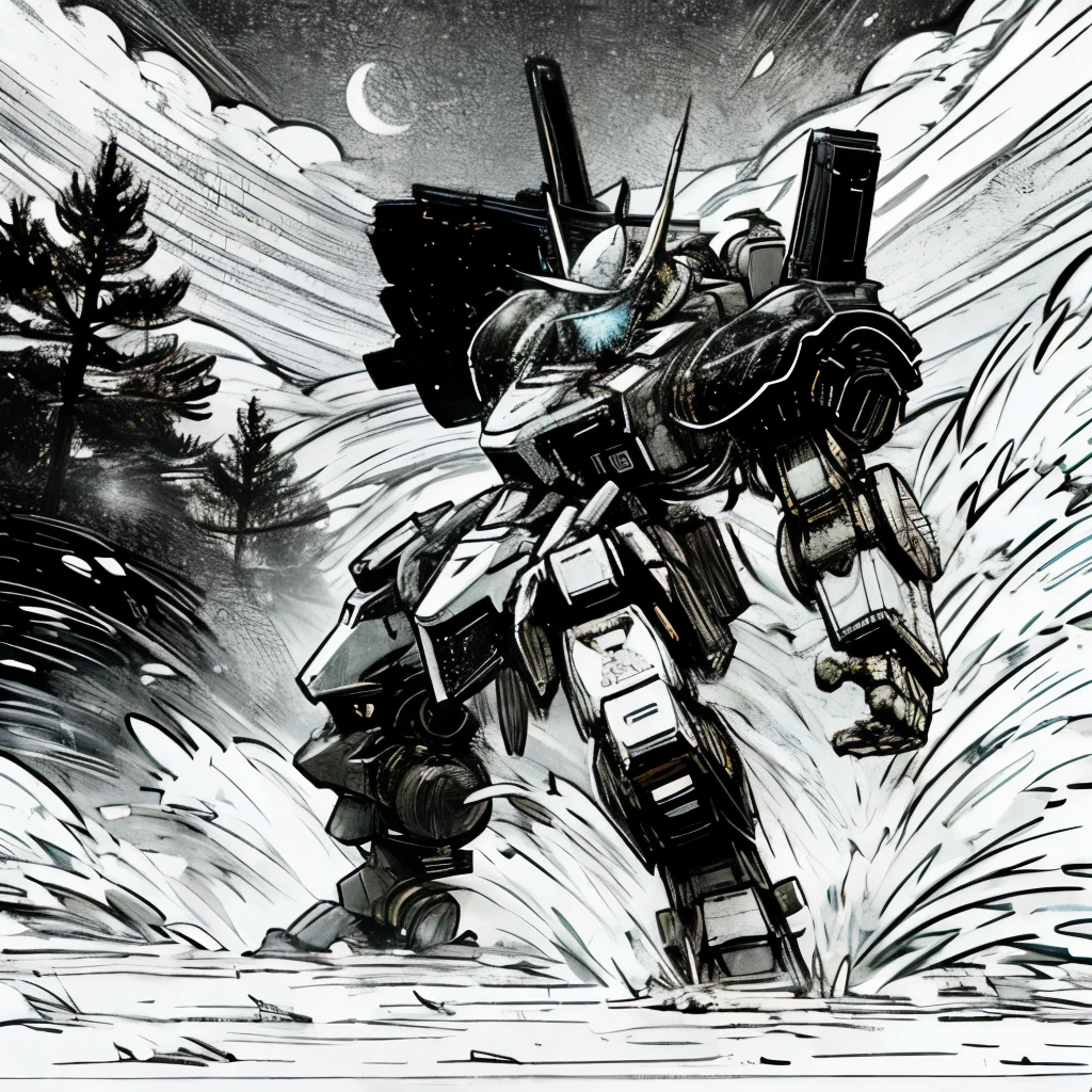 Mech fighting against another mech, Explosions, night, moon, the forest. Soldiers nearby are shooting. manga, black and white