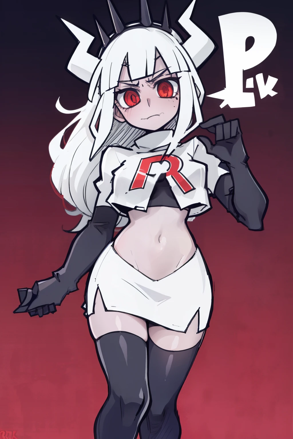 masterpiece, best quality,lucifer with crown,red eyes, white hair,team rocket,team rocket uniform,white skirt,red letter R,crop top,black thigh-highs,black elbow gloves, comic strip