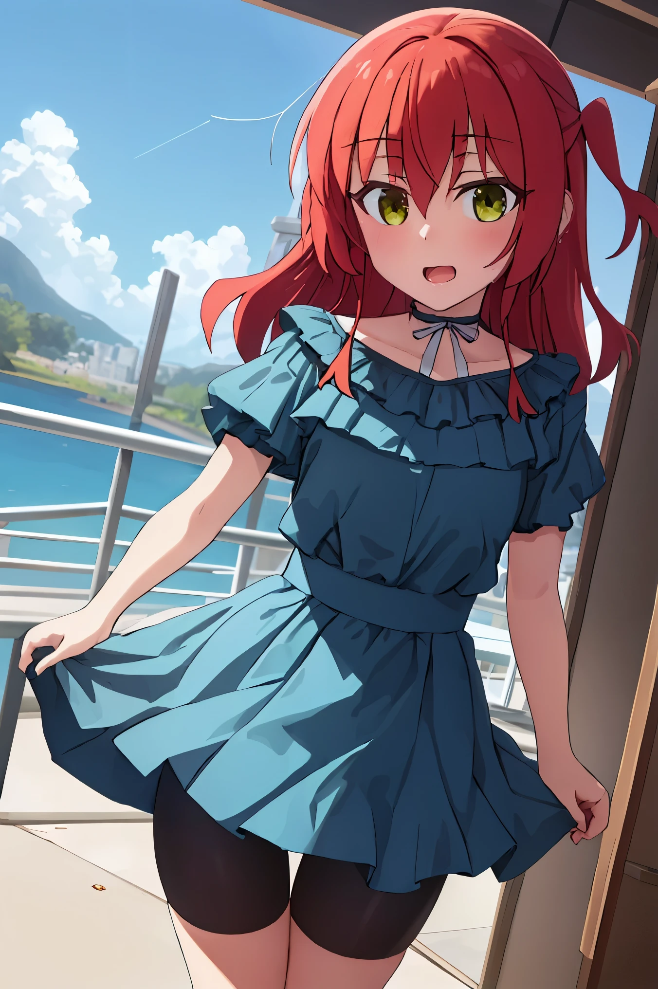 1 girl, ikuyo kita, bangs, red hair, long hair, one side up hair, green eyes, open eyes, outdoors, sundress, blue dress, puffy sleeves, short sleeves, wearing bike shorts, standing, looking ahead, pov, open mouth, looking at viewers, solo focus,