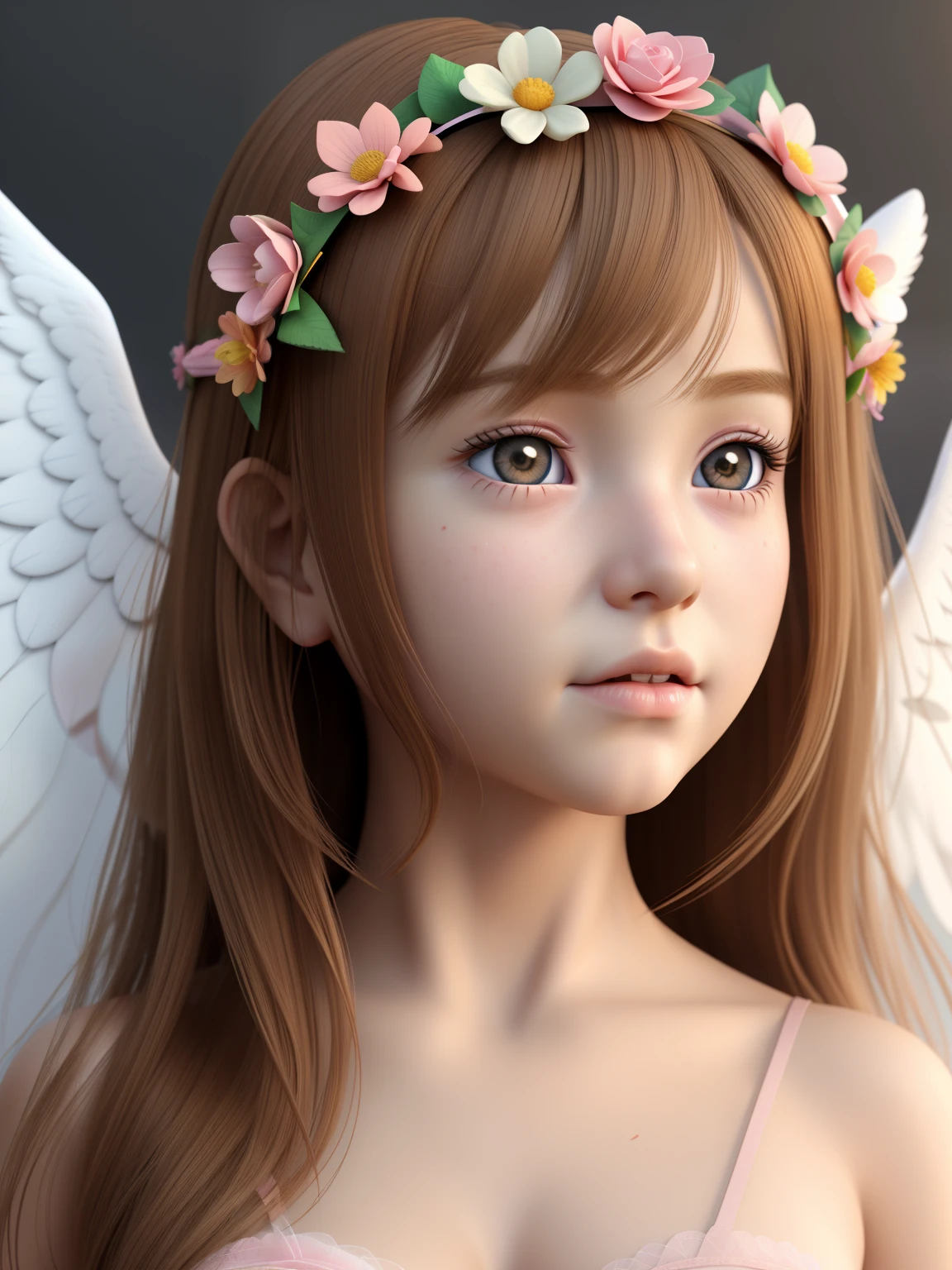 Close-up of a young girl with a flower crown on her B-cup head, realistic 3d animation, cute realistic portrait, realistic anime, of an beautiful angel girl, beautiful angel, realistic young anime girl,