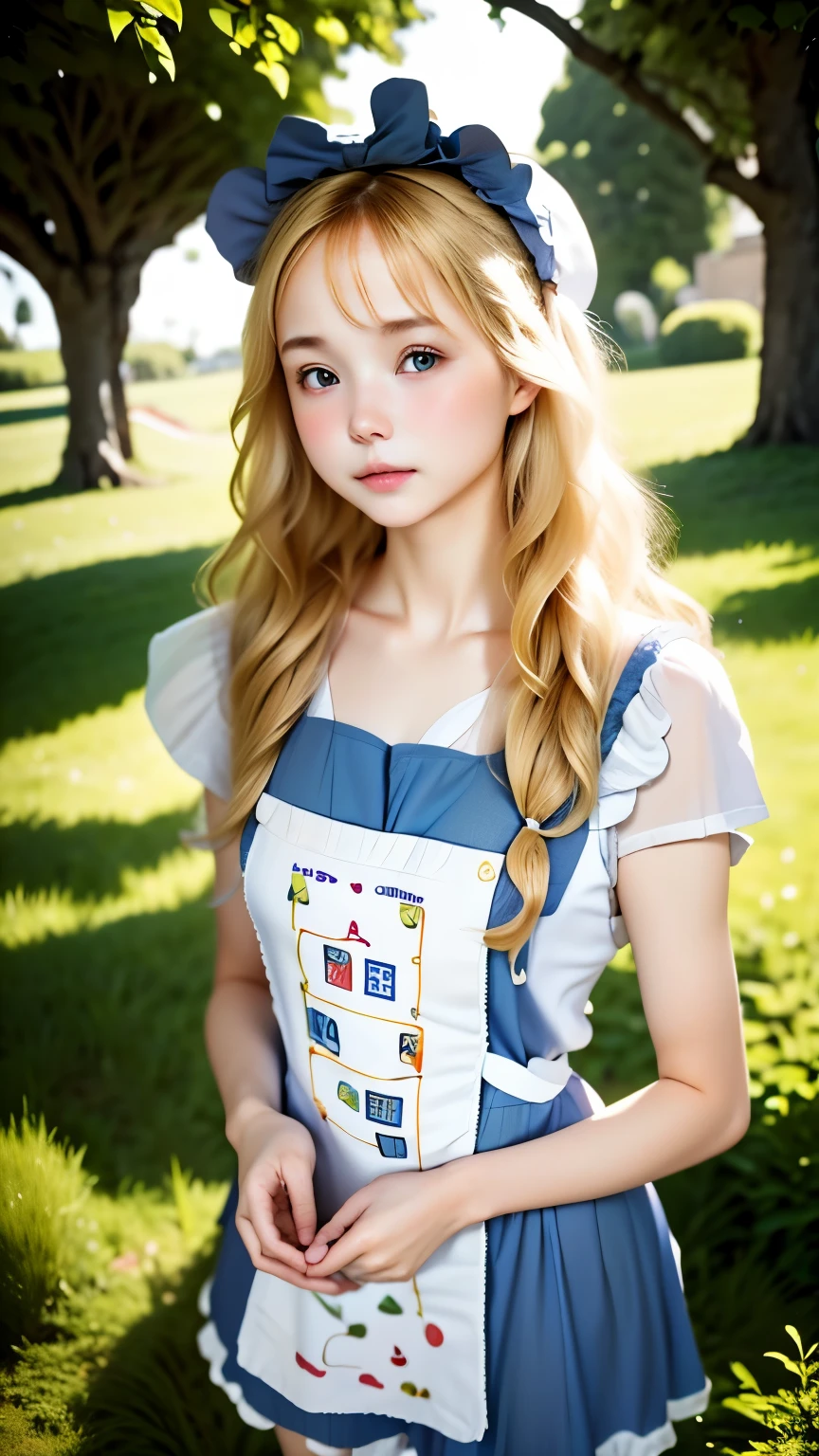 RAW photo、realistic pictures、highest quality, ultra high resolution, realistic, a photo of a cute girl, detailed face, (Pueros face_v1:0.008), alice in wonderland, yo, blonde wavy hair, white apron, blue clothes, Background of the playing card pattern, no makeup