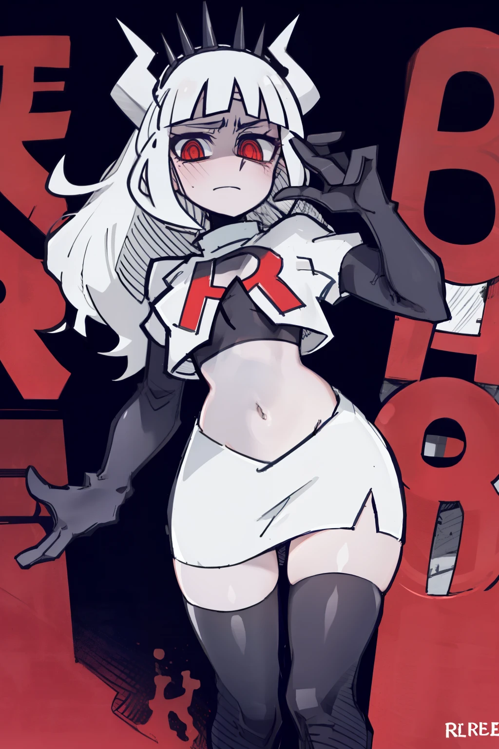masterpiece, best quality,lucifer with crown,red eyes, white hair,team rocket,team rocket uniform,white skirt,red letter R,crop top,black thigh-highs,black elbow gloves, comic strip