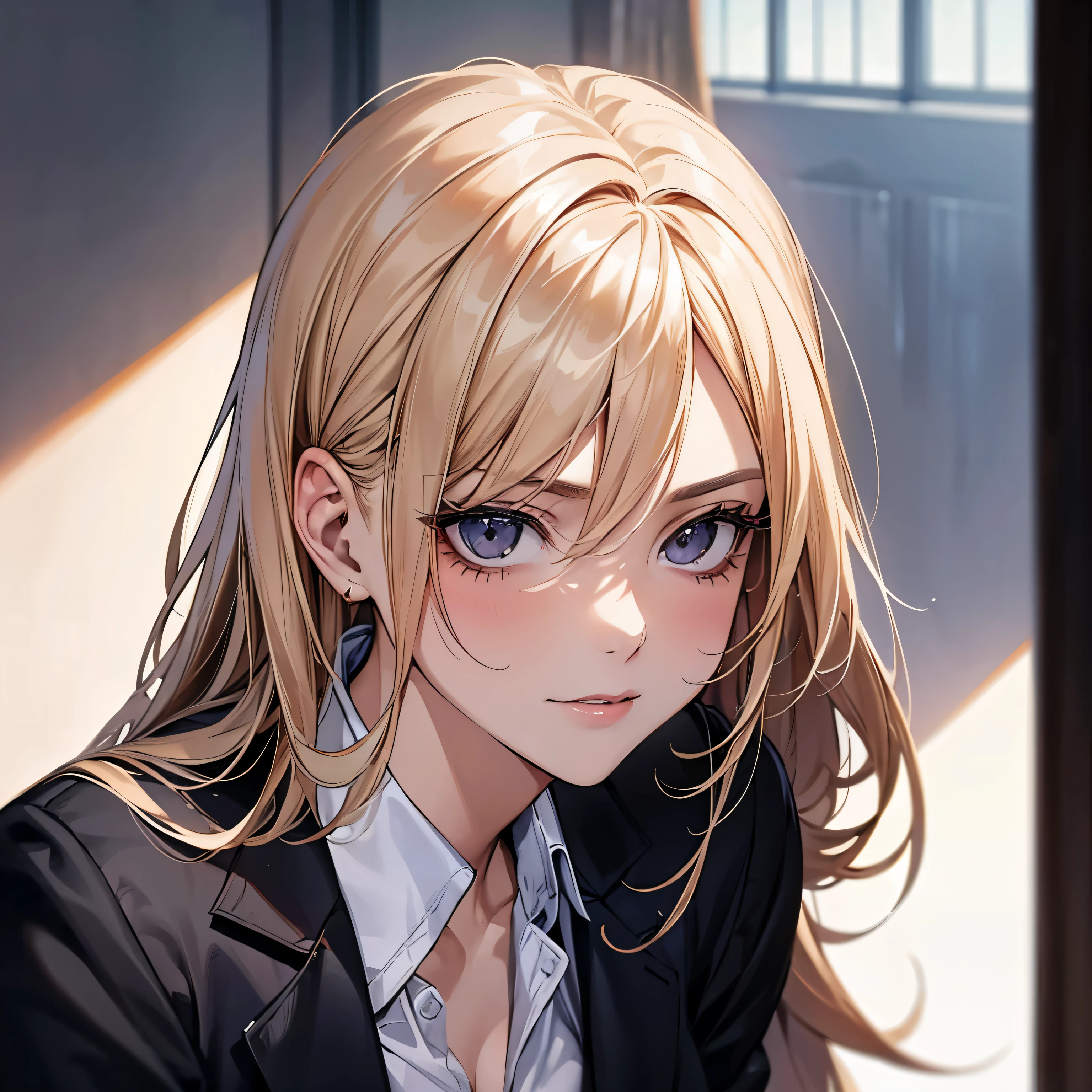A pretty beautiful lady, middle woman, black eyes and blonde hair, long hair, "White buttoned shirt", "Black blazer", "Stockings",, looking at you in seductively, looking at you in flirtly, looking at you in seductively,looking at you in flirtly,looking at you in seductively a human, modern era, daylight, the backround to school hallway, head portrait, face focus, tilting her face, head portrait, face focus,head portrait, face focus, head portrait, face focus, head portrait, face focus, tilting her face,tilting her face,tilting her face,tilting her face