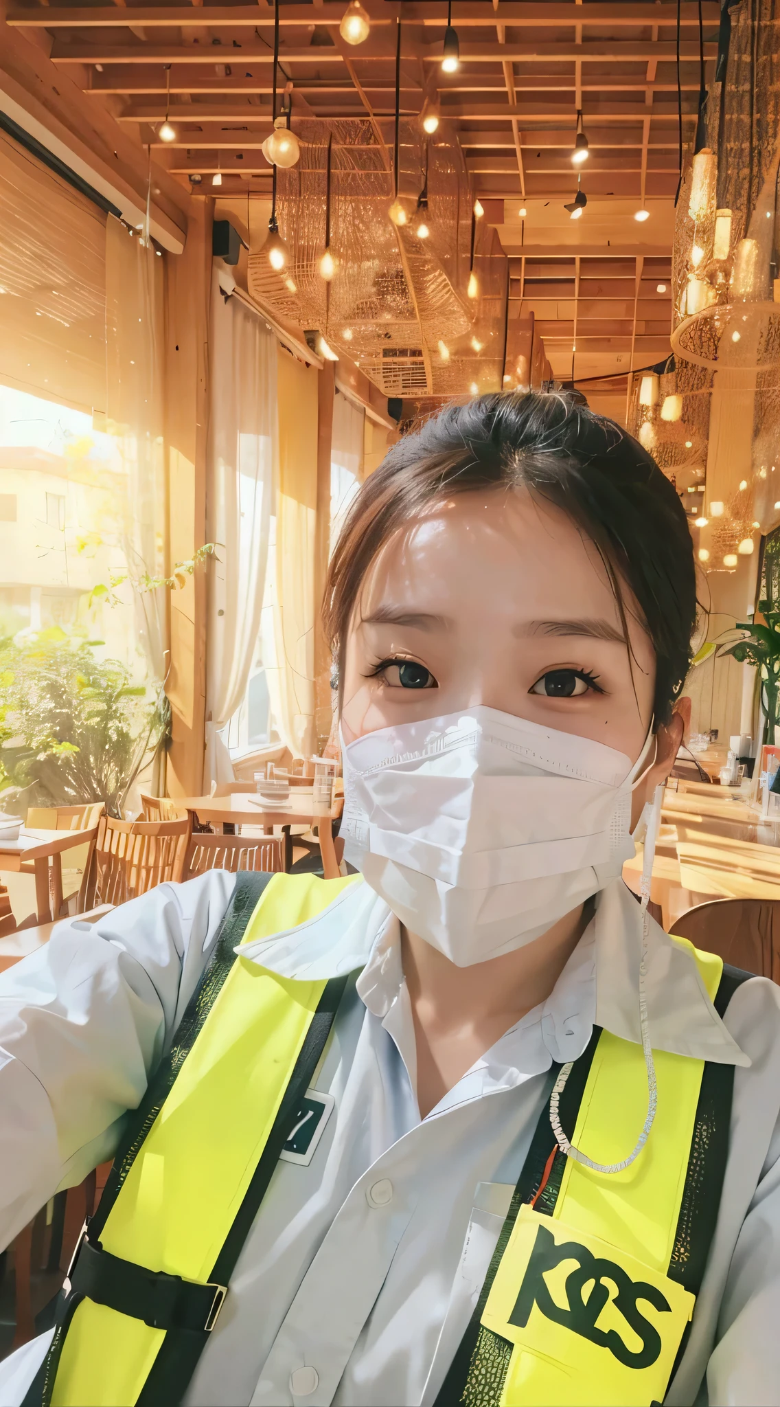 Araaf woman wearing a mask and safety vest sits in a restaurant.., 8k selfie photograph, Wear a mask.., Profile picture, (SSSS) safe for work, Wear a mask.. and sunglasses, dang my linh, Face mask to cover mouth, Wear a clear glass mask.., inspired by Cheng Jiasui, การWear a mask.., we know, Xintong Chen, safe for work