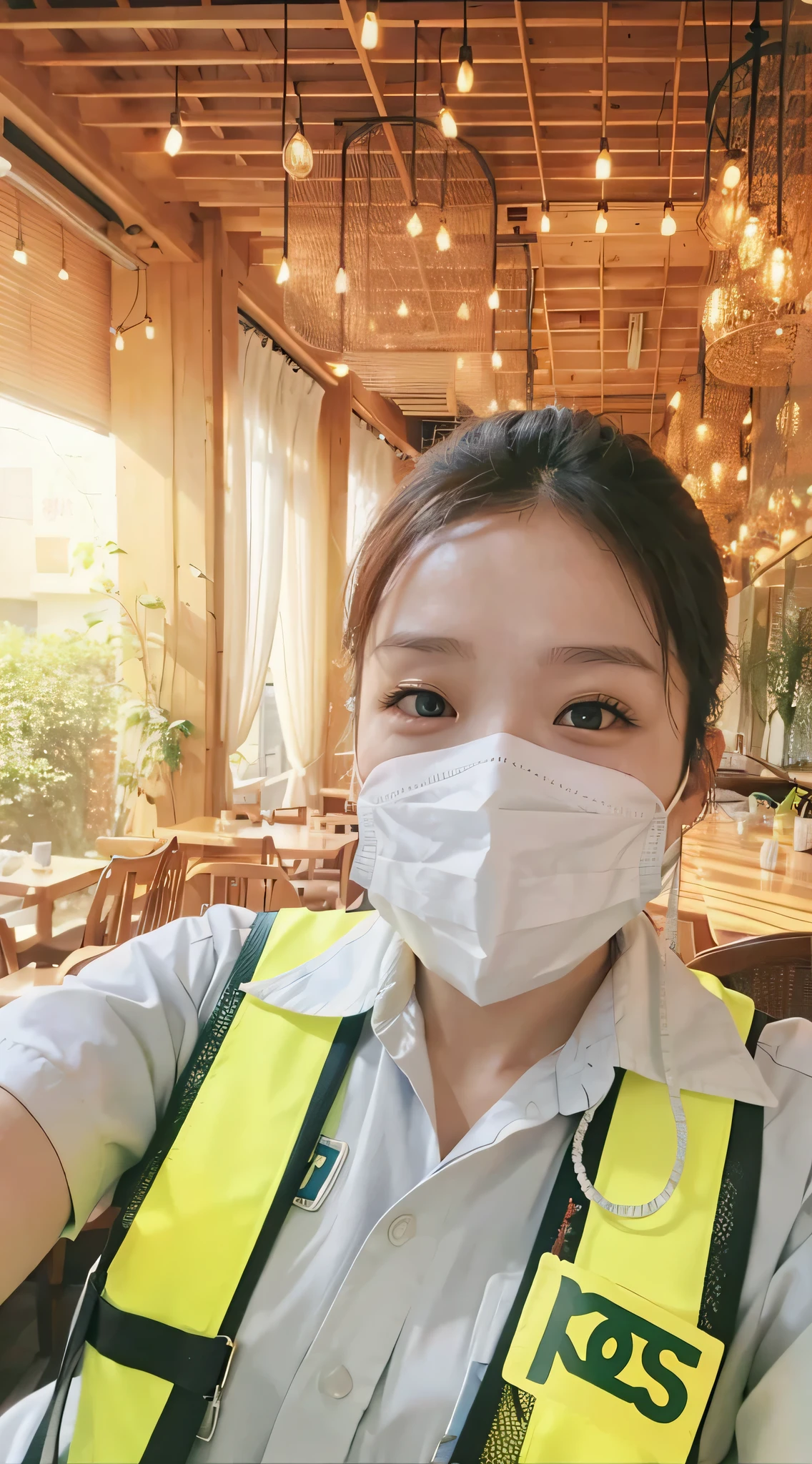 Araaf woman wearing a mask and safety vest sits in a restaurant.., 8k selfie photograph, Wear a mask.., Profile picture, (SSSS) safe for work, Wear a mask.. and sunglasses, dang my linh, Face mask to cover mouth, Wear a clear glass mask.., inspired by Cheng Jiasui, การWear a mask.., we know, Xintong Chen, safe for work