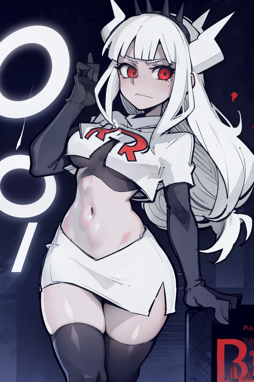 masterpiece, best quality,lucifer with crown,red eyes, white hair,team rocket,team rocket uniform,white skirt,red letter R,crop top,black thigh-highs,black elbow gloves, comic strip