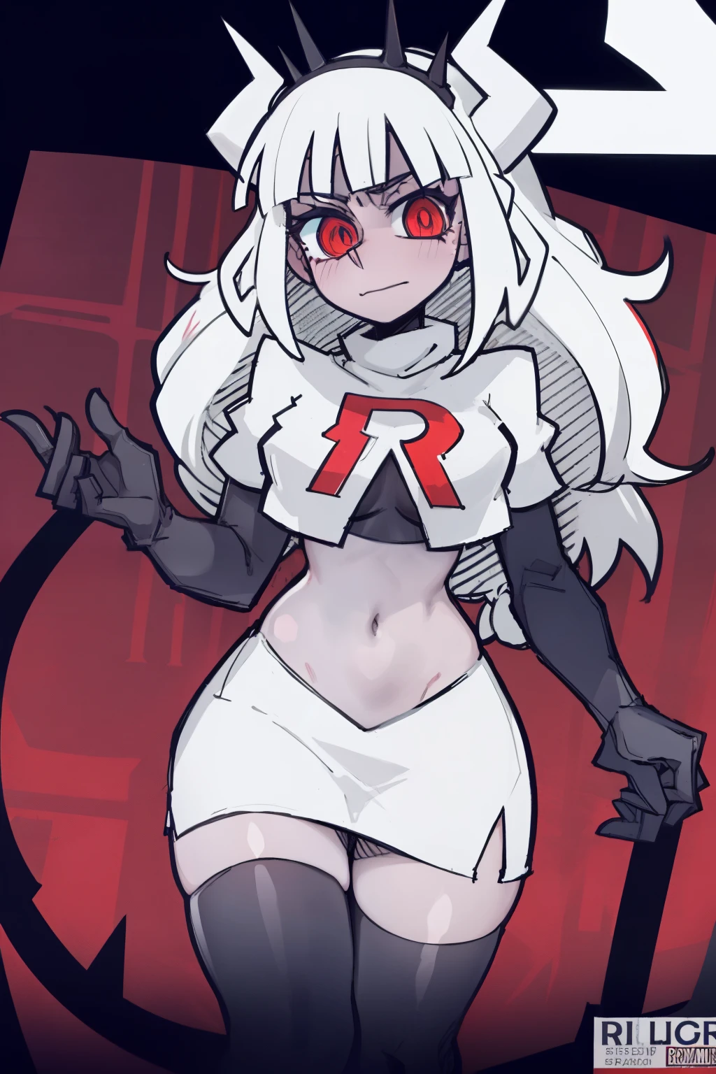 masterpiece, best quality,lucifer with crown,red eyes, white hair,team rocket,team rocket uniform,white skirt,red letter R,crop top,black thigh-highs,black elbow gloves, comic strip