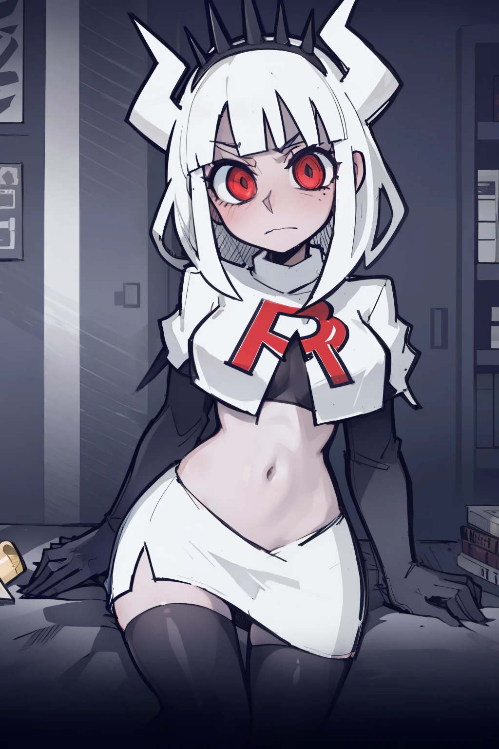 (best quality:1.1), (masterpiece:1.2), (solo), (full body), looking at viewer, (white furry:1.2), (messy long white hair), red eyes, ((cat girl)), ((open white jacket, pet collar)), naked, ((mad widen eyes)), ((mad smile)), mad expression, staring the viewer, white laboratory background