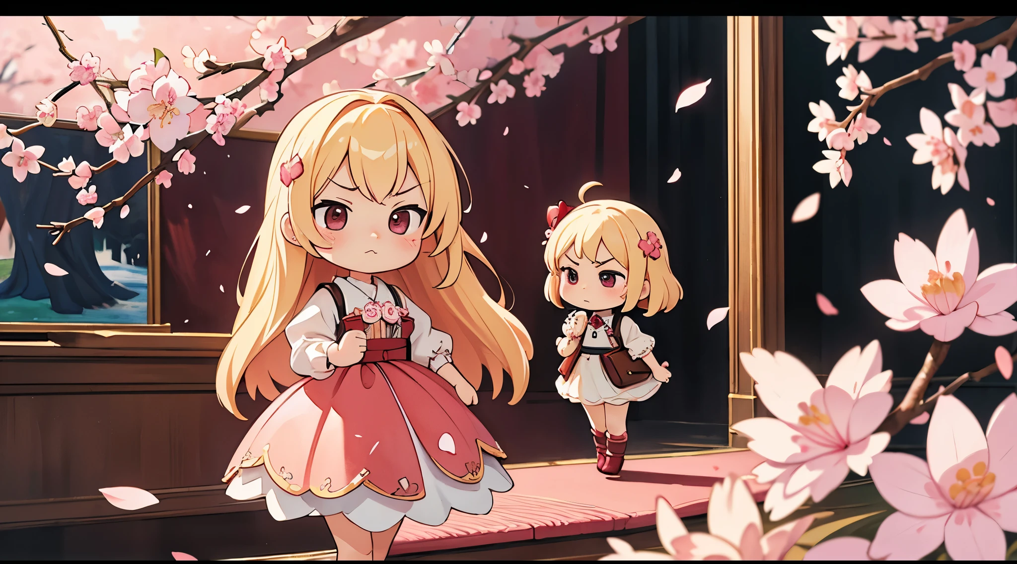 Doll standing in front of the painting, blonde, angry face, Sengai, pixiv, rococo, dolfie dream, watercolor Nendoroid, (high definition figure), flowing cherry colored silk, nendroid, highly_detailed!!, cherry blossom petals, flowing cherry blossom silk, season!!: 🌸 ☀ 🍂 ❄