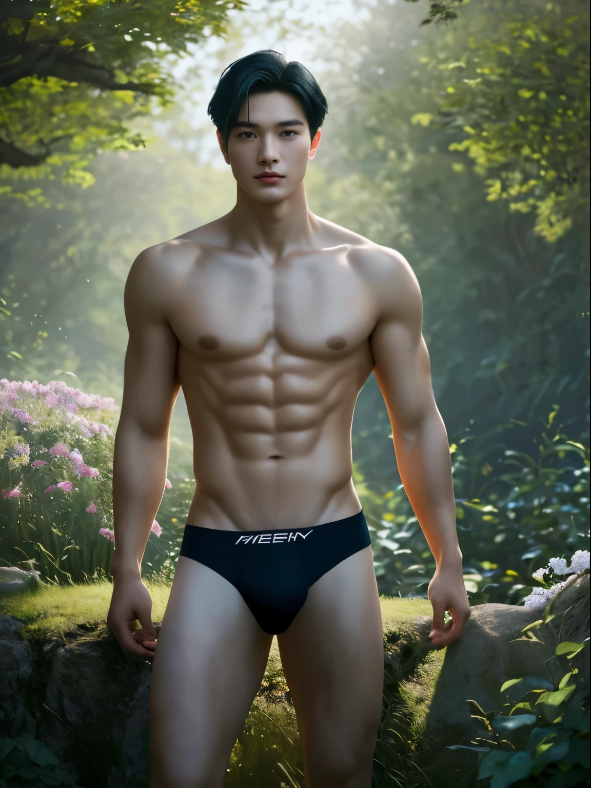 1人, ((Male model)) Warm skin, Masterpiece, Best quality, The most beautiful man in the world, By Shen Quan, Mayoral bodies, Handsome male model, an attractive man 18-24 years old aesthetic, Blooms in spring, Green fields, Spring, uni, green trees, flower, Blue sky, Sturdy and beautiful young man in white micro thong, A shirtless, (Male focus), ((Smooth body)), Super beautiful, Dynamic, Cool and seductive poses, Dramatic lighting, Full body shot, Full body shot, Young face, Whole body, Hairless body, Thin and tall, fit body, Dominant, Fair or fair-skinned, Young face, Firm body, High definition, natural flesh tones, Soft light, Highly detailed, looking at viewert, Photography, Detailed skin, Real Human, Realistic, photo-realistic, insanely details, detail in face, Minimalist hype, Surrealist hype, Cinematic, Telephoto, Intricate lighting details, Highly detailed, Highly detailed, Digital painting, art  stations, concept-art, smooth, Sharp focus, illustration, Unreal Engine 5, 8K, Art by Ross Tran and Greg Rutkowski and Alphonse Mucha, hyper HD, 8K, yes, show only male.8K Ultra HD, Digital SLR, poor lighting, High quality, filmgrain, Fujifilm XT3, Male fans only, 2 Men, pair model. novel cover. Sizzling romance. Black hair and eyes.