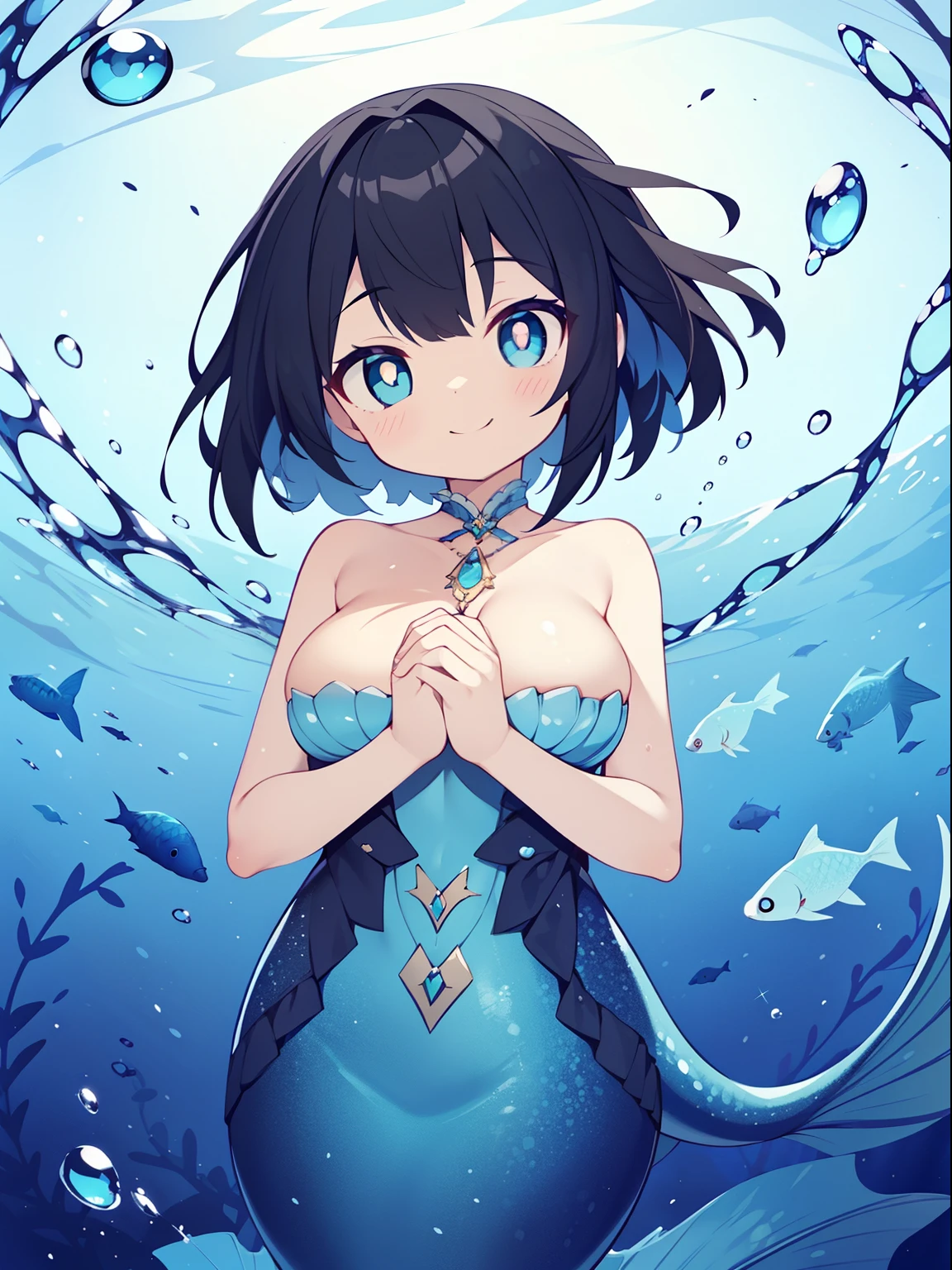 (mermaid girl:1.2), (1 person:1.2),(10 year old girl)、young girl、big breasts、 nffsw、shader、highly detailed eyes、Loose and fluffy shorthair、black hair、underilky hair、ultra-intricate pupil in eyes、highest quality、bright colors、Bust 100、mermaid figure(upper body naked、A shirt that only covers the chest、The lower body is a fish body、Beautiful scales)、Standing picture of the game、turn one's body sideways、View from the side、Stirring composition、Composition looking up from below、Lift your with your hands、Pose that emphasizes the chest、fold your arms、grinning expression、eyes half closed、open your mouth、evil face、Bullish smile、fold your hands behind your back、Hide your hands、evil smile、whole body、beautiful、in water、seabed
