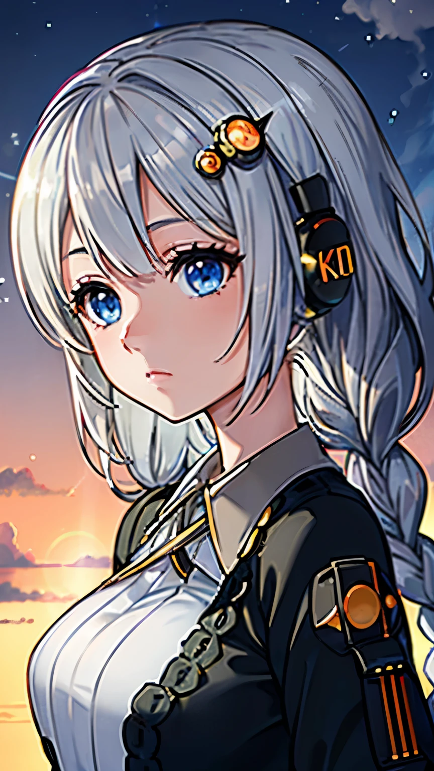 Vivid colors, ultra-realistic shading, ultra-detailed, spectacular view, beautiful transparency, ultra-high quality, extended, ((layer added 2.7)), vivid, ultra-bright colors 1.5, (high-definition CG unity 8k wallpaper: 1.3 ), beautiful ultra-sensitive art concept illustration, center color: 1.2 , (logic frenzy), [ultra-detailed skin], glossy light, lens flare 1.7, (backlight 0.9), Extremely close-up, slight bokeh , 1 girl, 1, k((((Akari Kizuna), (VOCALOID 1.2), (silver hair 1.2), (very long hair), (big braids 1.8), (round hair ornament), (blue eyes ), (eyeline 1.2)))), wearing a hat (cap), big black jacket, beautiful big eyes, sparkling eyes, look far away
