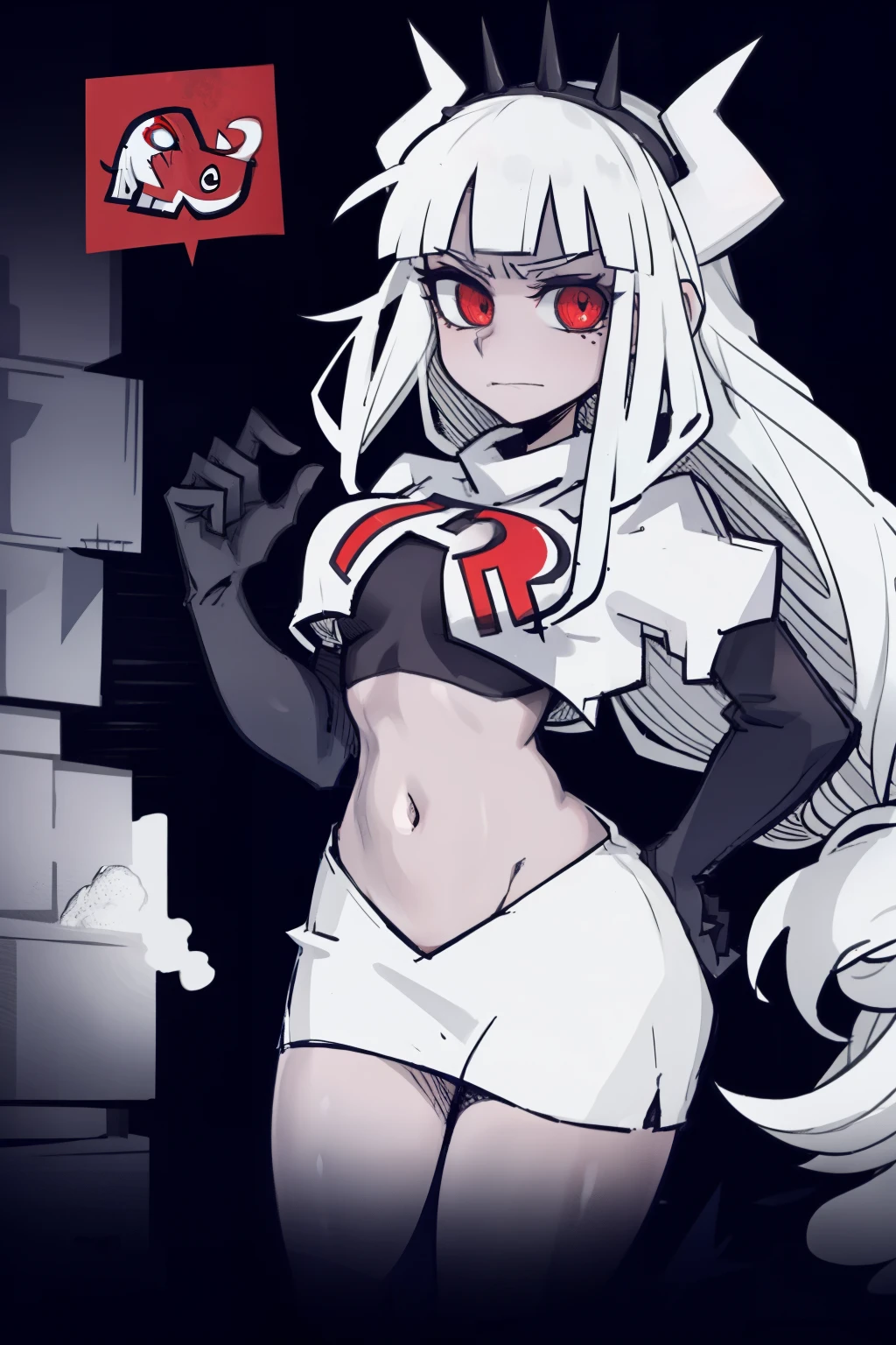 masterpiece, best quality,lucifer with crown,red eyes, white hair,team rocket,team rocket uniform,white skirt,red letter R,crop top,black thigh-highs,black elbow gloves, comic strip