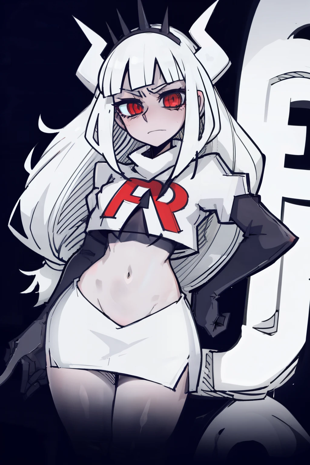 masterpiece, best quality,lucifer with crown,red eyes, white hair,team rocket,team rocket uniform,white skirt,red letter R,crop top,black thigh-highs,black elbow gloves, comic strip