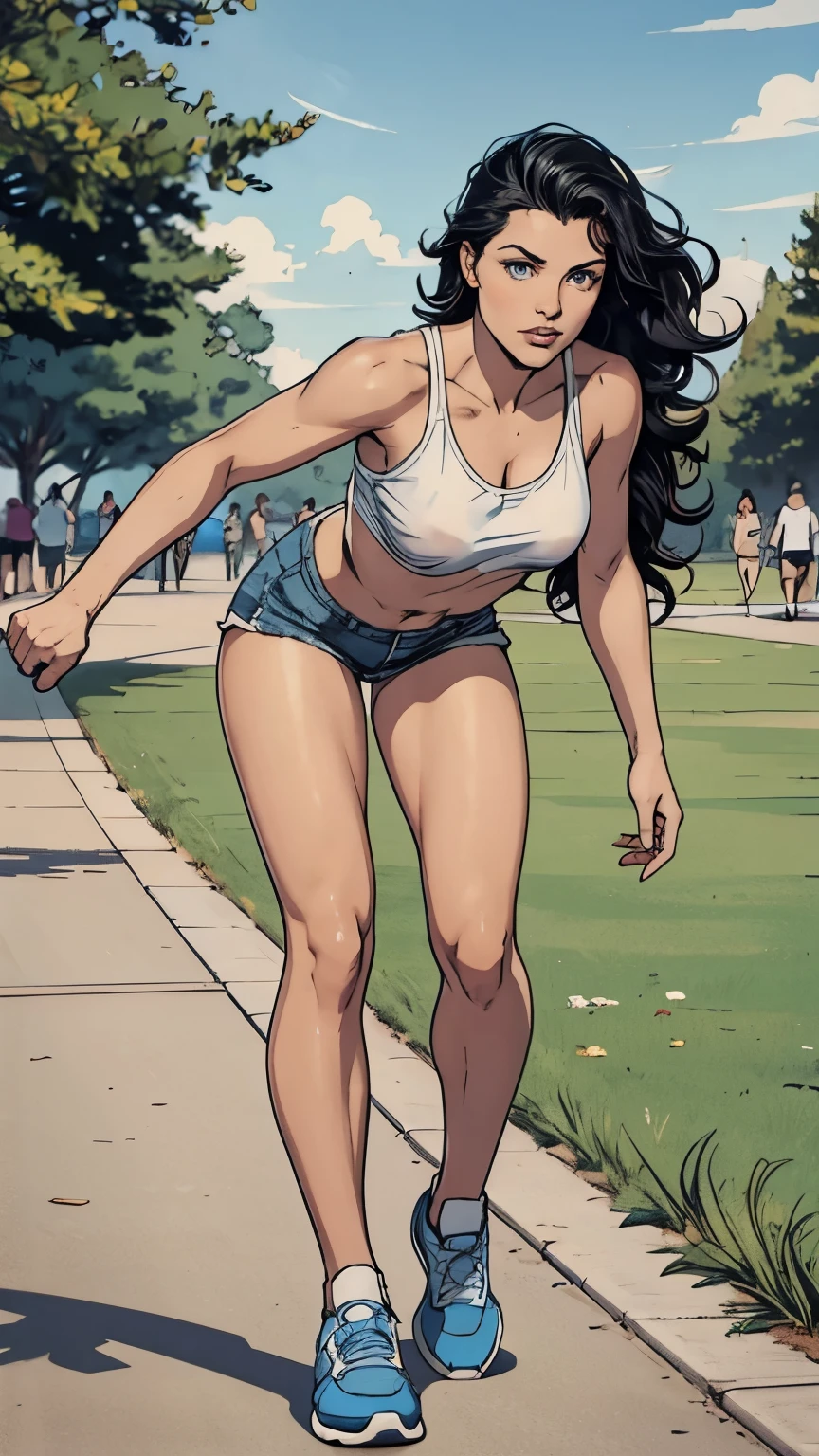 Caucasian woman, blue eyes, blue-black hair, wavy hair, long hair, athletic body, full body, blue lycra shorts, white top, nipples marked, blue sports shoes, walks in the park, park with many people. Take from bottom to top.