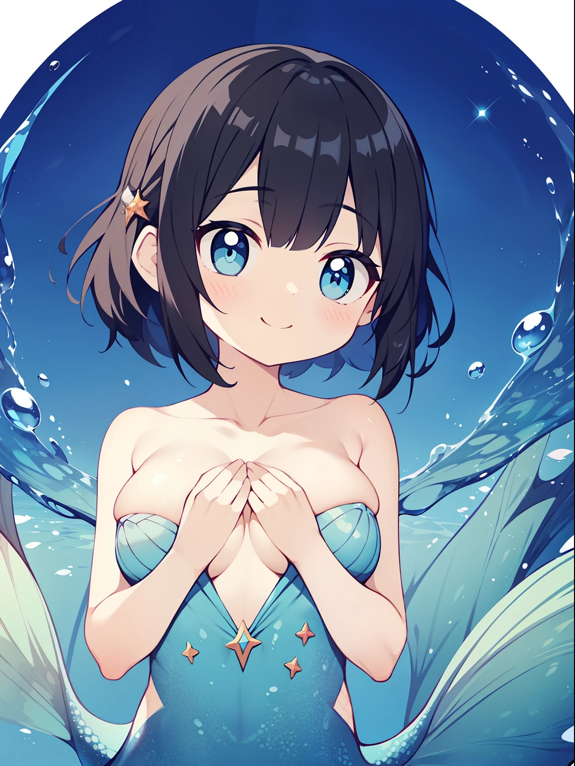 (mermaid girl:1.2), (1 person:1.2),( girl)、young girl、big breasts、 nffsw、shader、highly detailed eyes、Loose and fluffy shorthair、black hair、underilky hair、ultra-intricate pupil in eyes、highest quality、bright colors、Bust 100、mermaid figure(upper body naked、A shirt that only covers the chest、The lower body is a fish body、Beautiful scales)、Standing picture of the game、turn one&#39;s body sideways、View from the side、Stirring composition、Composition looking up from below、Pose that emphasizes the chest、grinning expression、eyes half closed、open your mouth、evil face、Bullish smile、fold your hands behind your back、Hide your hands、evil smile、whole body、beautiful、in water、seabed