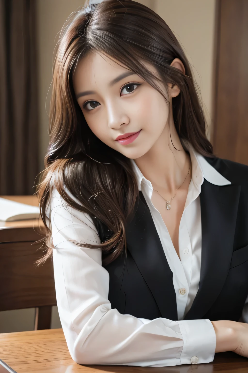A woman in a black suit sitting at a table with a laptop - SeaArt AI