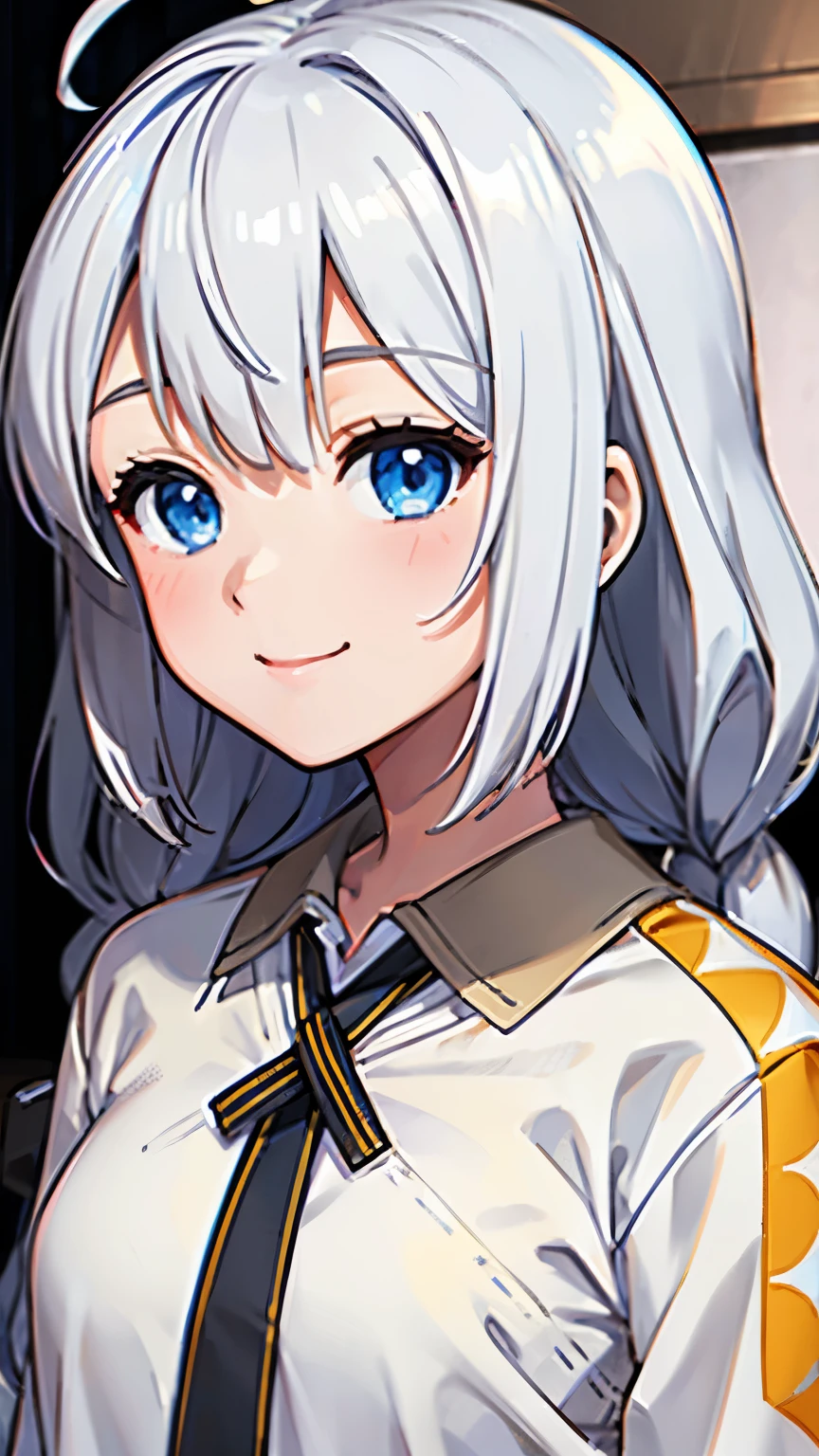 masterpiece,best quality,highres,ultra-detailed,bbakari,blue eyes,long hair,ahoge,twin braids,white shirt,long sleeves,smile,high school student,
