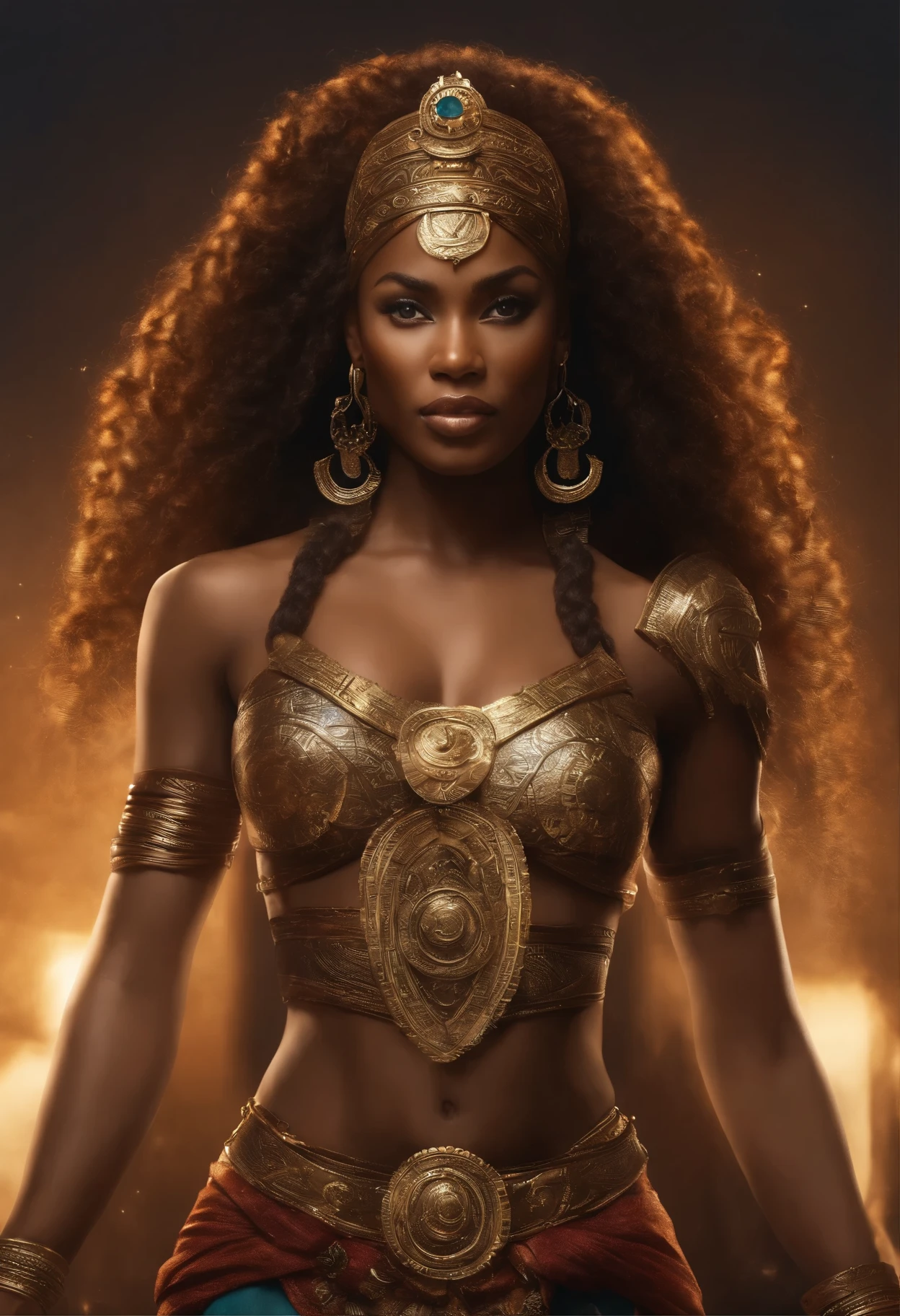 (photorealism:1.2), woman, brown skin, glowing gold, wearing a golden metallic armour, long curly blonde hair, sun in background, fierce looking, battle pose, realistic, intricate details, warm colors, gold eyes, goddess