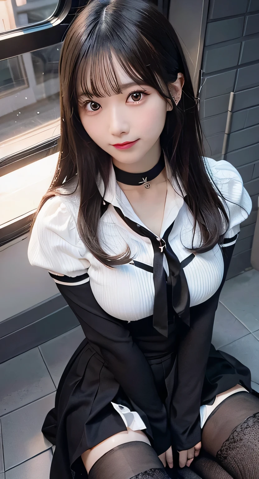 (8K, RAW photo:1.2)detailed face and eyes,highest quality, ultra high resolution, very detailed ,intricate details  ,pretty girl, hyper detail,focus clearly on the chest, （beautiful black hair）, （long hair）, （white off shoulder knit）、｟mini skirt｠、（sitting）（black long boots）（legs slightly apart）（cleavage is visible）