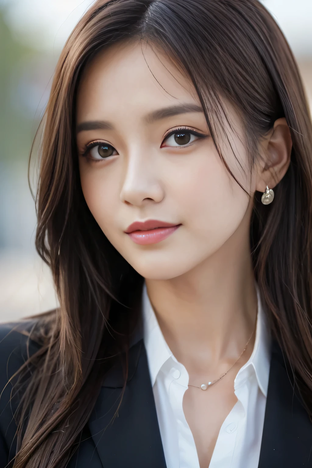 table top、highest quality、genuine、Super detailed、finely、High resolution、8k wallpaper、one beautiful woman、、、light brown disheveled hair、wearing a business suit、sharp focus、perfect dynamic composition、beautiful and detailed eyes、thin hair、詳細なgenuineな肌の質感、smile、close-up portrait、model body shape