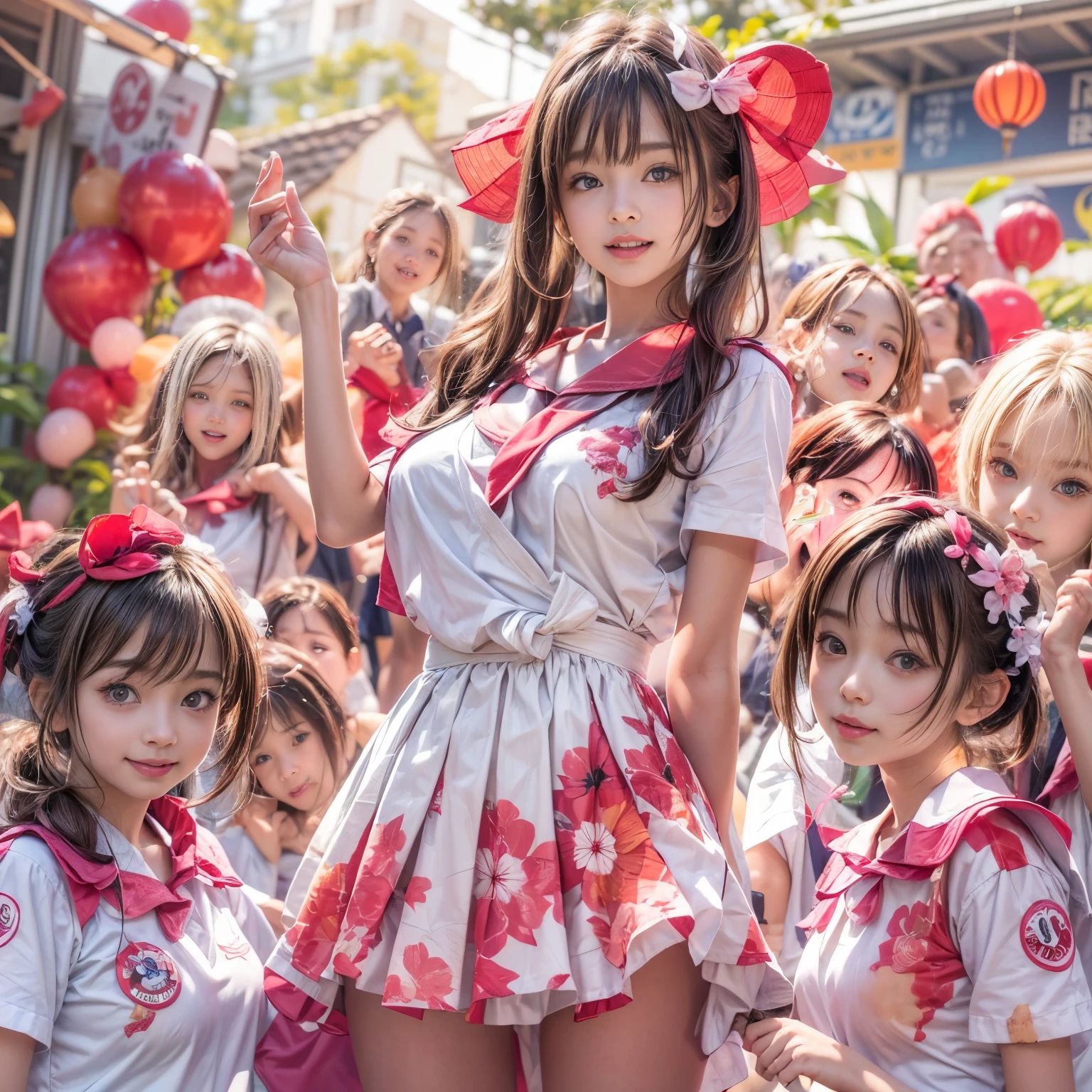 SFW, (White and Red, Ultra-detailed masterpiece:1.2), (nipple:-0.99), (((Acutance:0.8, bokeH))), (many sexy junior idols in group photograph), (((Extremely Detailed KAWAII face variations), joyful expression variations)), { Open Gigantic Cleavage and Navel | pretty Ass | Overflowing Underboob | (((loose opened white SchoolUniform with visible Navel or Butt crack))) | full of Flowers covering girl's body | (Colorful Light shines and reflects:1.2) }. (((Ultrealistic and photorealistic:1.37)) with a touch of rawness) . (not Detailed fingers:-0.9) . (The background is only sun setting Sky with Red-dyed clouds from below:1.3), { Twilight | Magic hour | Sun setting } .