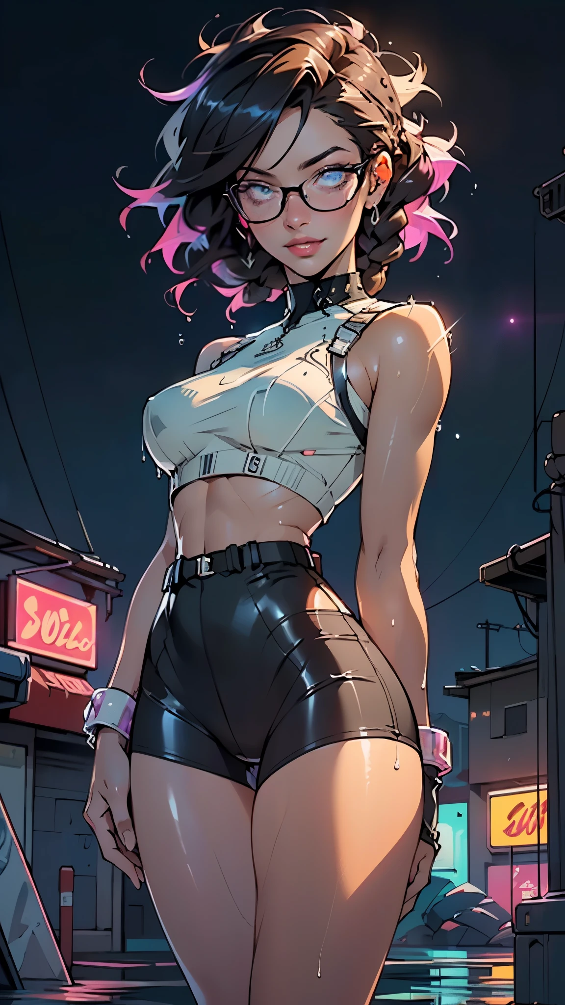 girl dancing,(((1girl))),((girl with extremely cute and beautiful hair)),
(large breasts:1.4),(((brown hair:1.35,braids))),(((eyes_blue:1.3))),intricate eyes,beautiful detailed eyes,symmetrical eyes,((fat)),((((lustrous skin:1.5,bright skin: 1.5,shiny skin,very shiny skin,shiny body,plastic glitter skin,exaggerated shiny skin,shiny skin like ebony,illuminated skin,wet legs))),(spider lower abdomen,narrow waist,wide hip,athletic body,inflated legs, thick thighs,detailed body,(detailed face), toned abs),
cute,slutty,seductive,erotic,(nsfw),
cargo pants,revealing clothing,show skin,((underpants strap)),(((glasses))),((wet clothes,intricate outfit,intricate clothes)),
(dynamic pose:1.0),((happy)),(centered,scale to fit dimensions,Rule of thirds),
cyberpunk city by the ocean at night, with bright neon signs and dark stormy clouds and puddles, scenery:1.25,nighttime, starry night, cosmos,Very dark night that makes the neon lights stand out, very bright neon lights,nighttime, starry night, cosmos,
artistic photography,(photography taken by sldr),highres, sharp focus,(ultra detailed, extremely detailed), (photorealistic artwork:1.37),(extremely detailed CG unity 8k wallpaper),((synthwave background theme)),(((vibrant colors))),intricate,(intricate background),(masterpiece),(best quality),perfect rendered face,perfect face details,realistic face,photo realistic,analog style,((intricate detail)),(((realism))),