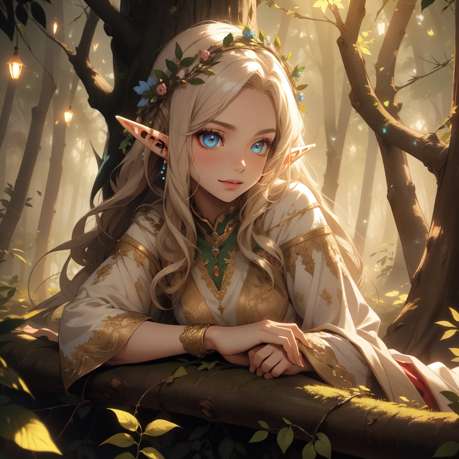 ((masterpiece)), (top quality), (best quality), ((ultra-detailed, 8k quality)), Cinematic lighting, Volumetric lighting, (detailed line art), absurdres, (best composition), (high-resolution), Aesthetics,
BREAK,
Elf girl ((lying on back a tree branch:1.3)),dressed in white robes, Velvet, Mecha, lace, brocade, pearls, intricate elven attire,  (adult:1.2), Fantasy,  (glowing flowers:1.2), (firefly glow:1.25), (bioluminescent trees), (mystical forest), (focused depth of field:1.2), (enchanting forest:1.15), [cinematic dramatic atmosphere],[atmospheric perspective], Niji style,
BREAK,
highly detailed of ((elf:1.4)), (1girl), solo, perfect face, details eye, hair Bun, (hime cut, bangs:1.2), (white shining hair:1.2), blue eyes, shining eyes, (beautiful detailed eyelashes, eyeshadow, pink eyeshadow),  smiling, Concept art by Mikimoto Haruhiko, by Kawacy, By Yoshitaka Amano,
BREAK, 
((perfect anatomy)), perfect body, Abs, (medium breast), perfect hands, perfect face, beautiful face, beautiful eyes, perfect eyes, (perfect fingers, deatailed fingers), correct anatomy, perfect legs, 