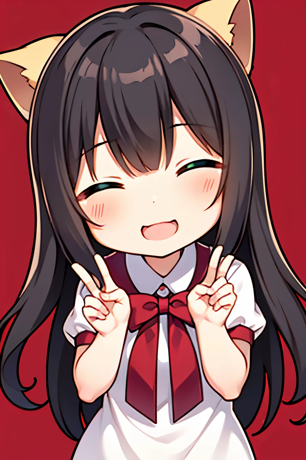 longshot、Cute smile、Right eye closes、Red face、Put your hands forward and your palms facing up.、Fingers open