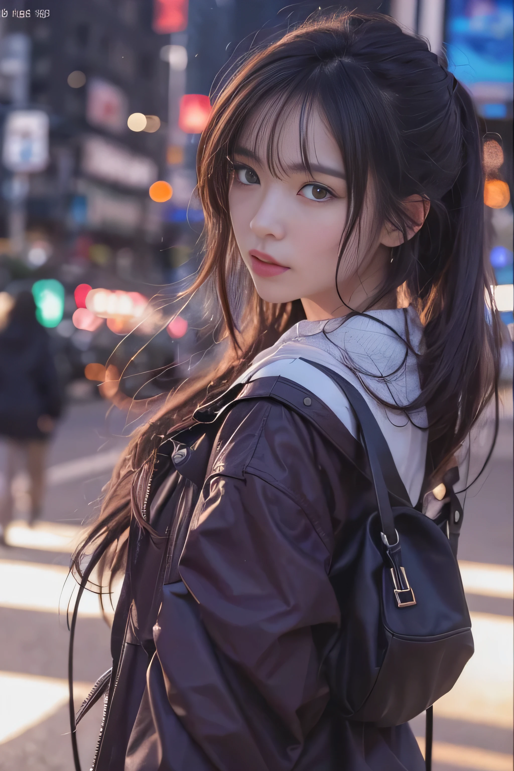 (On one screen:2)、(upper body shot:1.1)、highest quality、High resolution、Super detailed、masterpiece、(Live shooting:2)、(genuine:1.5)、(photogenuineistic:1.5)、very delicate and beautiful、small details、1 female、(alone)、Early 20s、(super beautiful)、(beautiful face:1.5)、(detailed face:1.5)、(fine eyes)、(detailed lips)、(detailed nose)、Central Freeway、Heading from the city center to the mountains、(Twilight dyes and unfolds the windshield)、(City lights begin to flicker:1.1)、that&#39;It seems like the two of us have become meteors.、This road is a runway that leads to the night sky、Even if I say I love you, The wind is so strong、&#39;inaudible