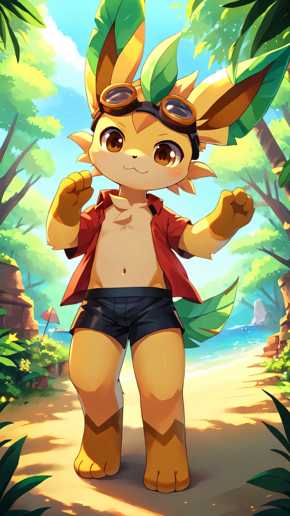 Leafeon, anthro, young, brown eyes, two tone body fur, clear yellow body fur, clear green body fur, brown hands, brown feets, feets whit three toes, detailed body fur, detailed face, detailed eyes, glistering body, shiny body, gorgeous body, masterpiece, high quality, anime style, full body, :3, beach, clear sky, standing, solo, ((goggles, red hawaiian shirt, open clothes, black swim trunks)),