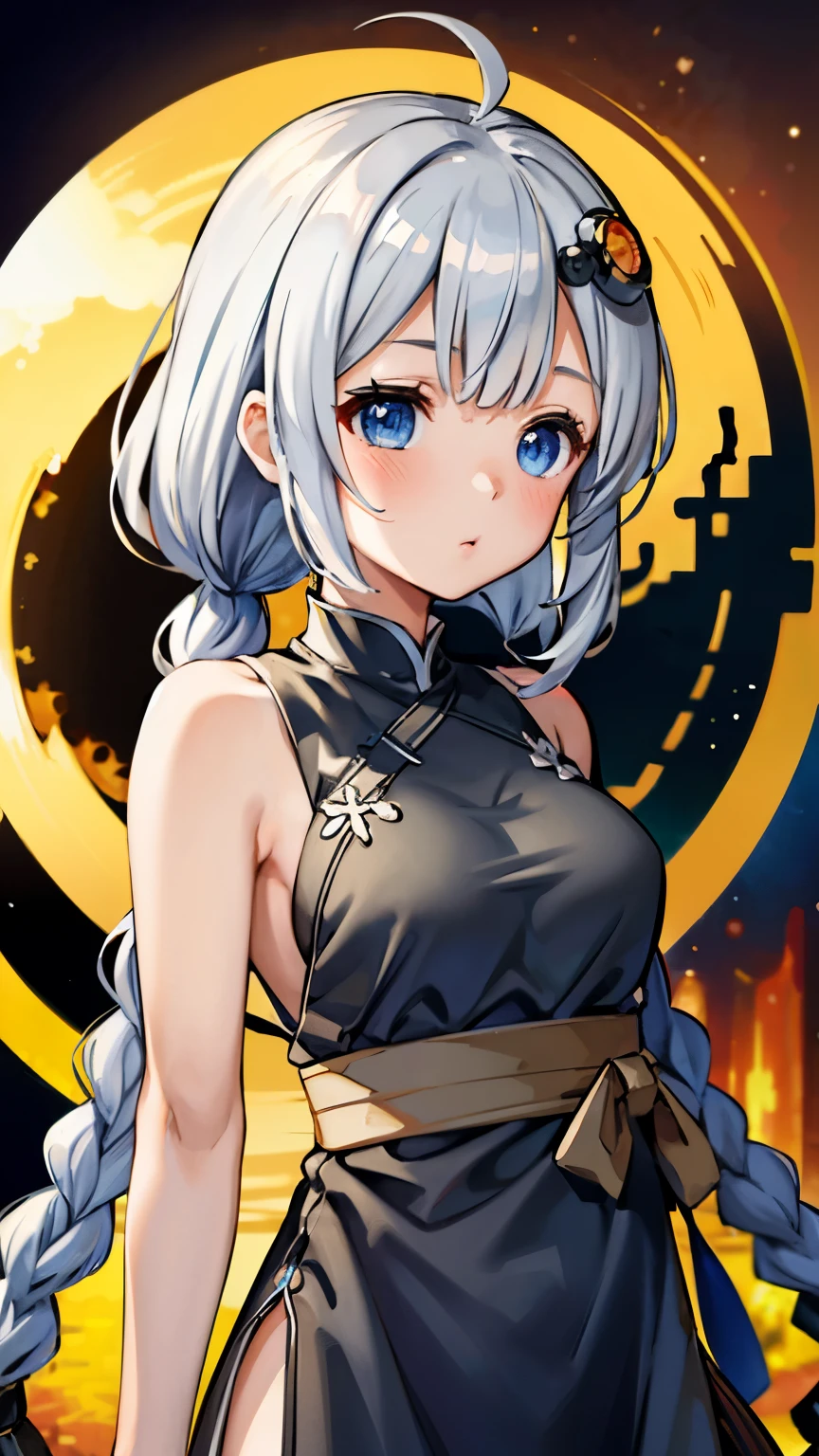 masterpiece,best quality,highres,ultra-detailed,aakari,blue eyes,long hair,ahoge,bangs,twin braids,hair ornament,light blush, China Cheongsam, bright and fine Black-Hole Accretion Disk,