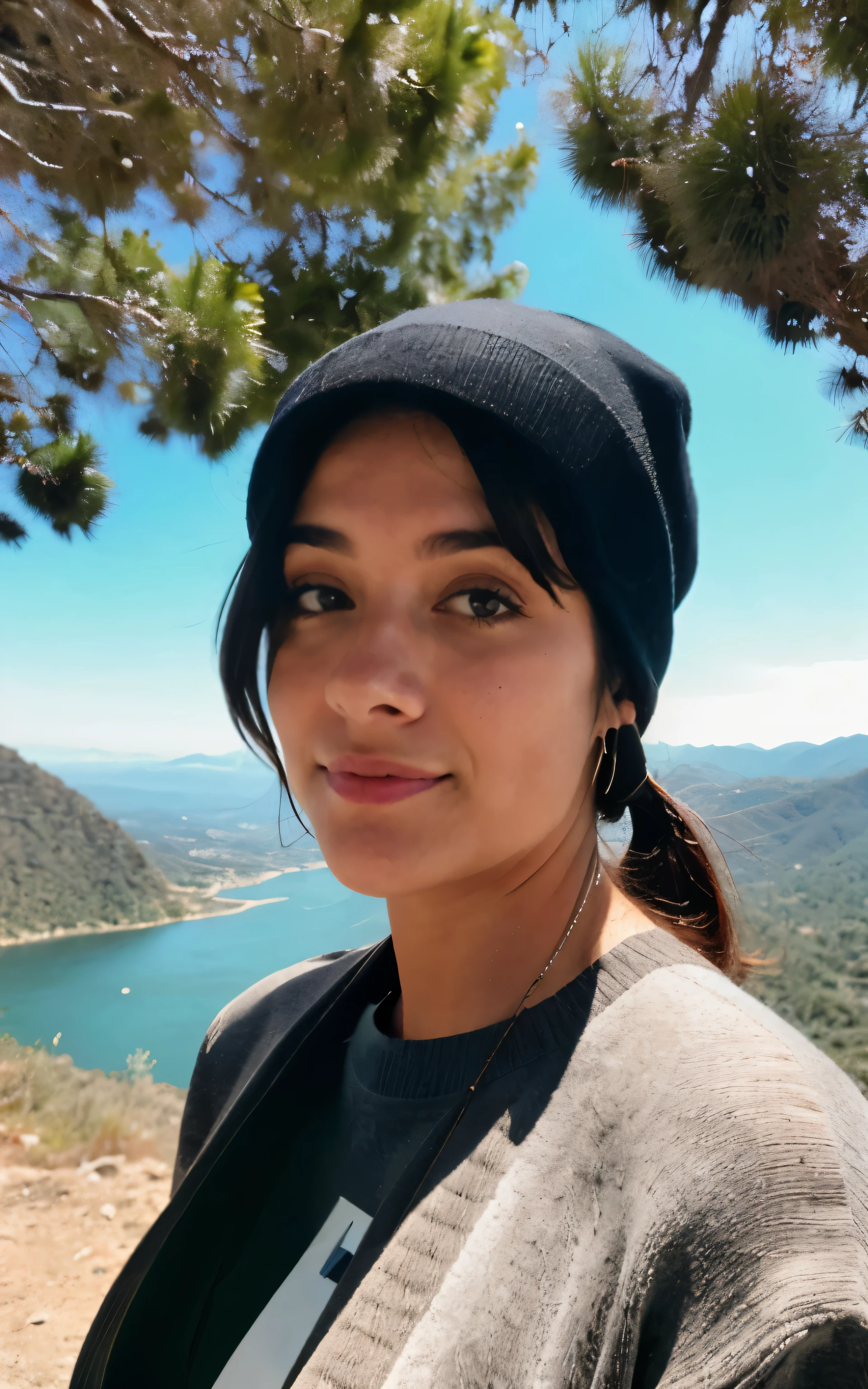 fotorrealista, Mejor calidad, hiper detallado, mujer hermosa, foto autofoto, parte superior del cuerpo, Solo, vistiendo jersey, al aire libre, (noche), mountains, Naturaleza de la vida real, estrellas, Luna, (alegre, feliz), bolsa de dormir, guantes, sweater, gorro, Linterna, bosque, rocas, river, madera, fumar, niebla, Cielo limpio, analog style, mirando al espectador, textura de la piel, film grain, de cerca, ultra high resolution, mejor sombra, CRUDO, LUT de Instagram