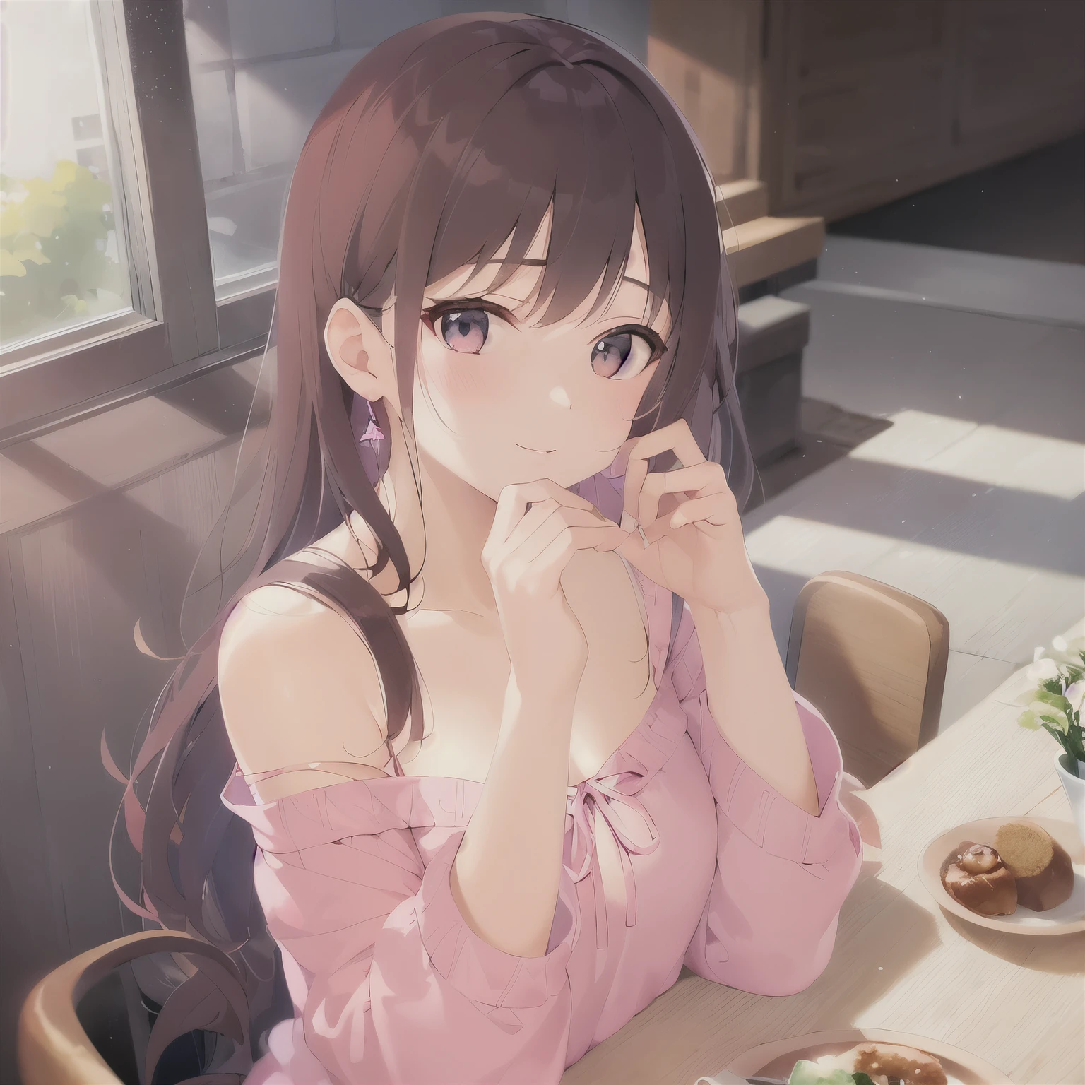 She is wearing a pink off-shoulder blouse.