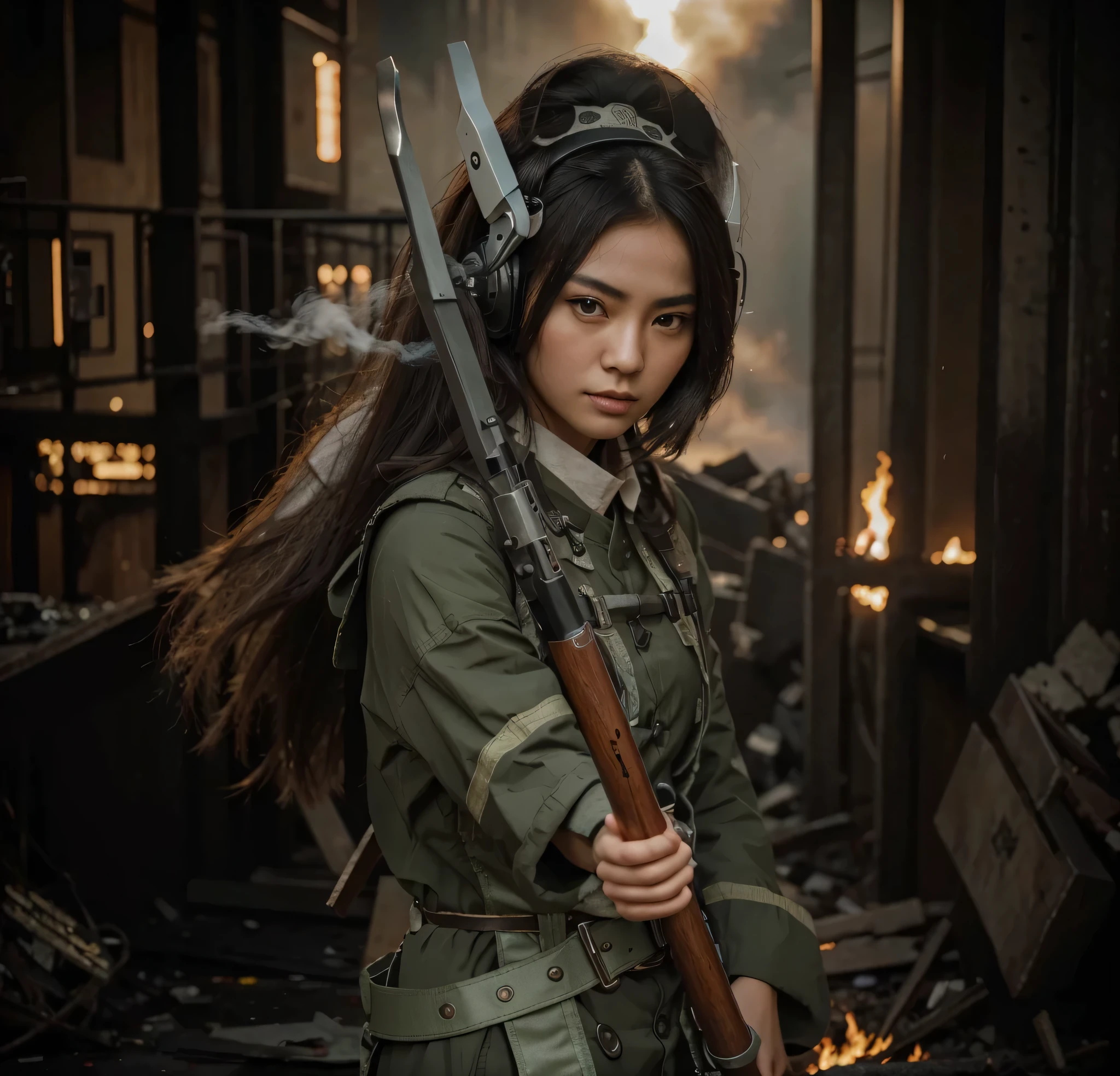 hermoso woman, Taiwanese characteristics, piel blanca, cabello corto, delgado, On his head he wears a headband with night sensors and headphones with a microphone., Viste un uniforme militar de estilo chino de color gris verdoso., belt with holster and ammunition, Arneses, botas militares largas , holds a cane with an electric tip, is in the destroyed asian city, Fuego y mucho humo, ultra detallado, hyperRealista, 4k, ultra detallado image, Realista, Muy detallado, perfect composition, hermoso, Intrincadamente detallado, incredibly detailed, 8K fine art photography, hiper detallado, obra maestra, ultra detallado, hyper Realista, 4k, ultra detallado image, Realista, muy detallado, perfect composition, hermoso, Intrincadamente detallado, incredibly detailed, 8K fine art photography, hiper detallado, obra maestra