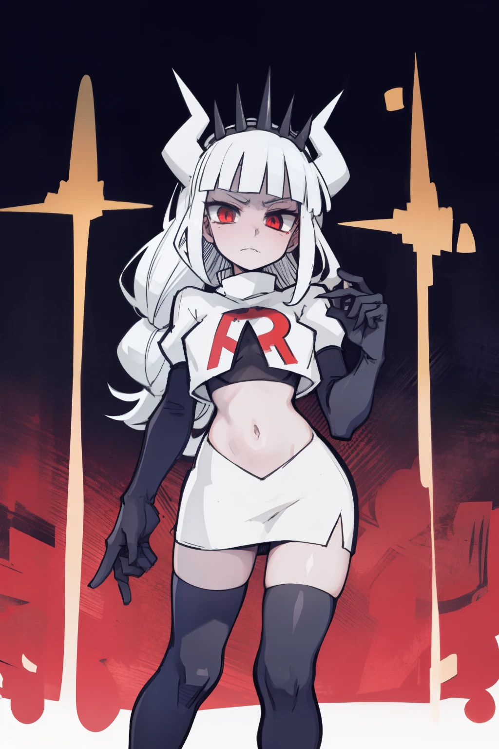 masterpiece, best quality,lucifer with crown,red eyes, white hair,team rocket,team rocket uniform,white skirt,red letter R,crop top,black thigh-highs,black elbow gloves, comic strip