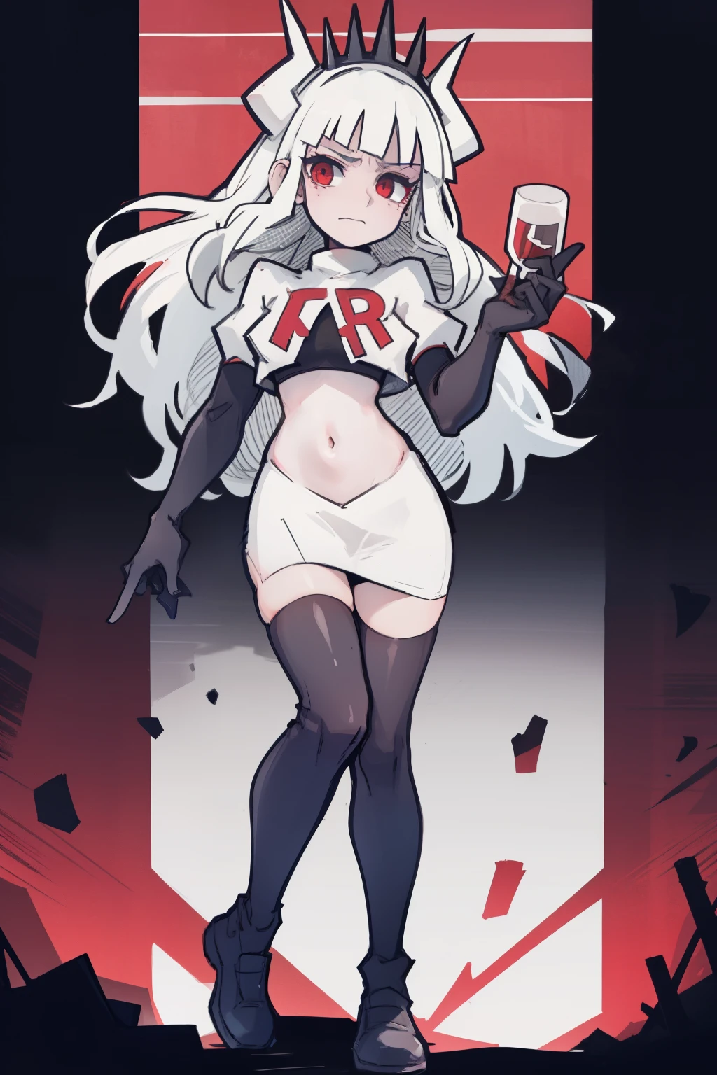 masterpiece, best quality,lucifer with crown,red eyes, white hair,team rocket,team rocket uniform,white skirt,red letter R,crop top,black thigh-highs,black elbow gloves, comic strip