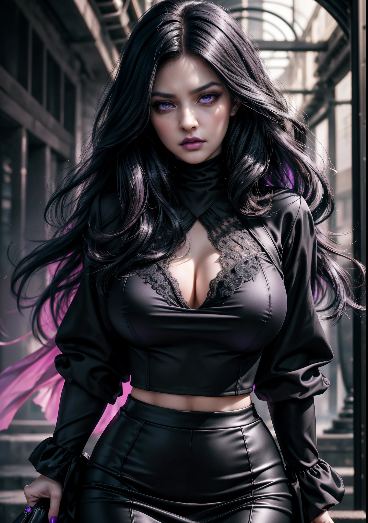 Myers, with her captivating violet lips, strikingly intense violet eyes, and voluminous wavy black hair, exudes an elegant and confident air that commands attention. Her business attire, featuring a form-fitting pencil skirt and crisp blouse that accentuates her toned figure, is of top-quality, the fabric displaying intricate textures and patterns in the 8k high-definition image. Lorena Myers' fiercely determined expression, displayed in her stern yet alluring countenance, is captured in stunning detail; the image offers an ultrarealistic representation of her features, as if inviting the viewer to delve deeper into her