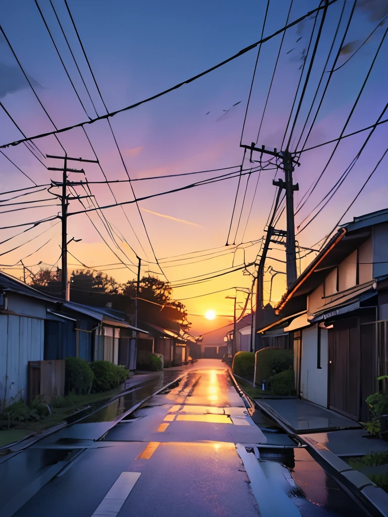 sunset、utility pole、electric wire、green、purple、yellow