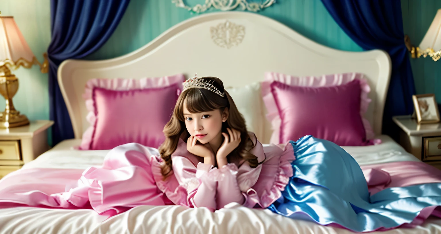 ,highest quality, masterpiece, highest resolution, artwork, super それにget used to it, many get used to it, get used to it, それにget used to it, 3K realistic photos,,(( When I was 10 years old)),Super detailed baby face,She is a princess,Full length ball gown dress with hoop skirt,ruffle yoke collar,puff sleeves,long sleeve,((Lolita style hot pink detailed princess satin dress、Comes with lots of frills and ribbons。)),colorful rococo fashion,shiny satin dress,Soft and smooth fabric,luxury,long blonde hair,blue eyes,white skin european,pajamas,((inside the palace)),,,(( When I was 10 years old)),Super detailed baby face,Full length ball gown dress with hoop skirt,long skirt,ruffle yoke collar,puff sleeves,腰まで伸びるlong blonde hair,blue eyes,white skin european,pajamas,((inside the palace bedroom)),ピンクのシルクサテンのluxuryなcanopy bedの上,canopy bed,Luxurious curtains on both sides of the bed,many frilly pillows on the bed,super detailed background,Detailed bed,romantic atmosphere,little princess is lying on the bed,hugging a pink pillow,((((both legs are hidden in the dress)))),the dress is spread across the bed,soft pink silk satin comforter,Soft silk satin ruffled pillow,Beautiful girl illustration,detailed beautiful face detailed hair,detailed human eye ,detailed mouth, arm details,detailed hand,Detailed pillow,