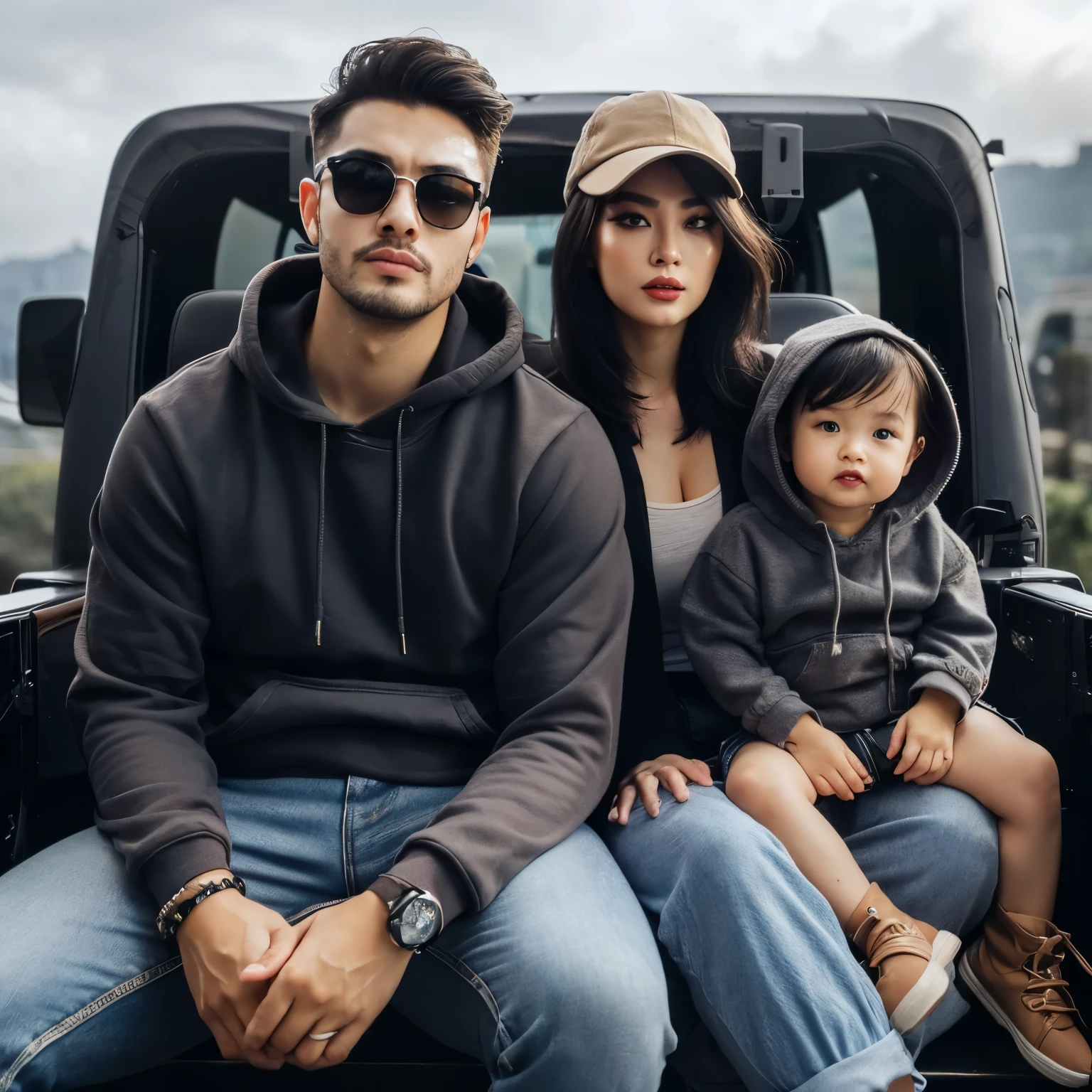 Top Quality, White Skin, Real Human Skin, (Detailed), Oval Face, Pore, Ultra High Definition, (8k, RAW Photography, Photorealistic: 1.4), One Girl, chubby, one men, one boy, (Gentle and Goddess-like Eyes) Happiness: 1.2), (Lip Gloss, Eyelashes, Gloss Face, Best Quality, Ultra High Definition, Wide Lighting, Natural Shading)