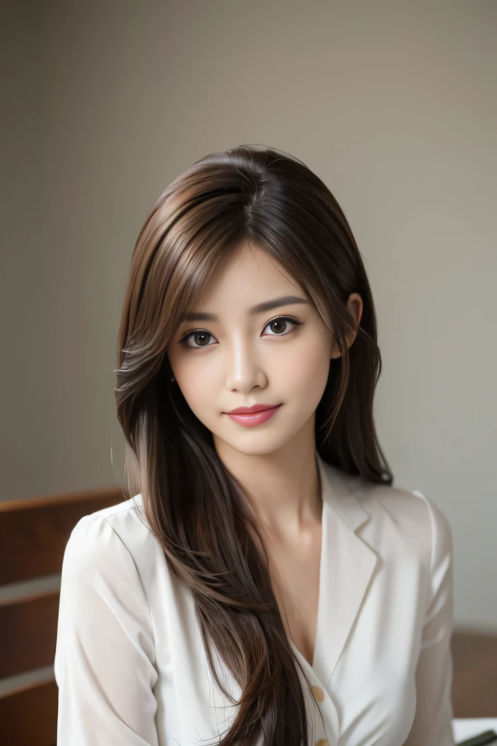 table top、highest quality、genuine、Super detailed、finely、High resolution、8k wallpaper、one beautiful woman、、、light brown disheveled hair、wearing a business suit、sharp focus、perfect dynamic composition、beautiful and detailed eyes、thin hair、詳細なgenuineな肌の質感、smile、close-up portrait、model body shape