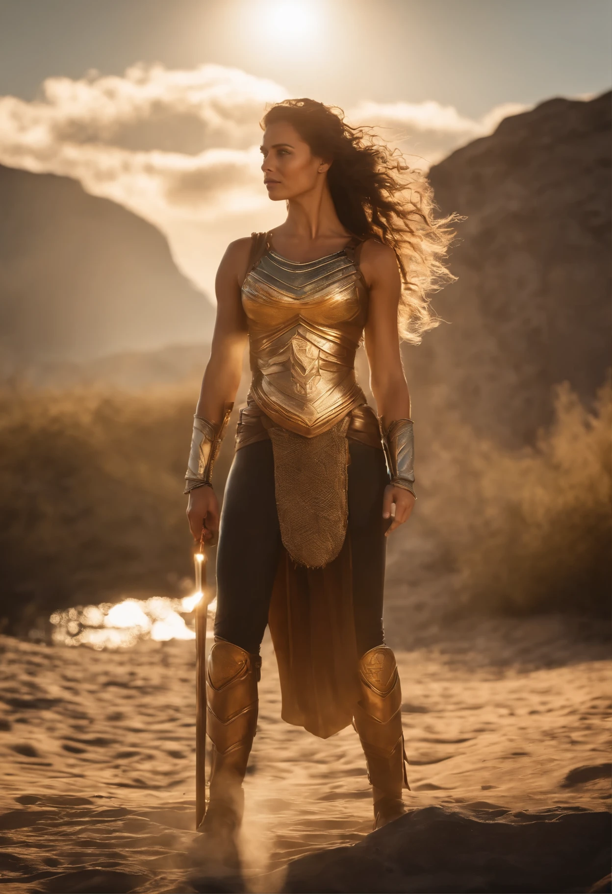 Crie imagem realista de uma mulher, guerreira loura da mitologia grega, vestida em uma armadura de cor dourada. Ela deve ser retratada como uma figura musculosa, with braided hair, enquanto adiciona um suave brilho do sol na imagem. Be sure to emphasize the beauty and strength of the goddess with the lunar image background. without including elements that violate content policies