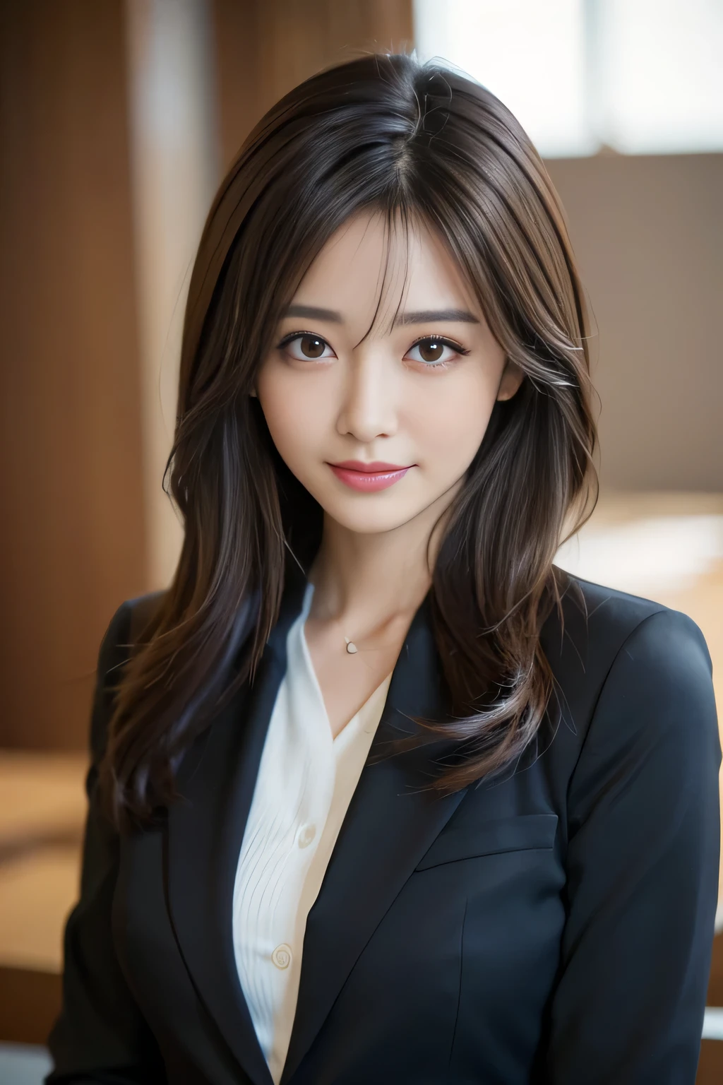 table top、highest quality、genuine、Super detailed、finely、High resolution、8k wallpaper、one beautiful woman、、、light brown disheveled hair、wearing a business suit、sharp focus、perfect dynamic composition、beautiful and detailed eyes、thin hair、詳細なgenuineな肌の質感、smile、close-up portrait、model body shape