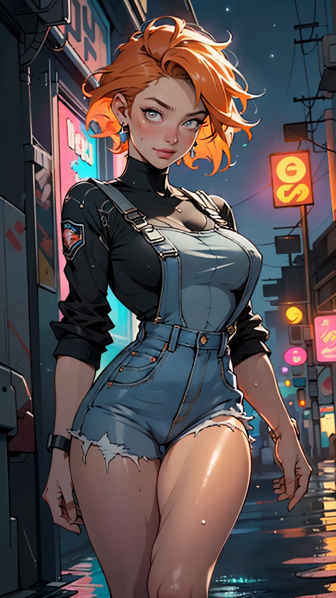 girl genie,(((1girl))),((girl with extremely cute and beautiful hair)),
(large breasts:1.4),(((orange hair:1.35,short hair))),(((eyes_orange:1.3))),intricate eyes,beautiful detailed eyes,symmetrical eyes,((fat)),((((lustrous skin:1.5,bright skin: 1.5,shiny skin,very shiny skin,shiny body,plastic glitter skin,exaggerated shiny skin,illuminated skin,wet legs))),(spider lower abdomen,narrow waist,wide hip,athletic body,inflated legs, thick thighs,detailed body,(detailed face)),
cute,slutty,seductive,erotic,(nsfw),
((woman mechanic wearing tattered worn-out stained military overalls)), ((his only clothing is overalls)), grunge, oily, sweaty, dirty, ripped)),show skin,((wet clothes)),
(dynamic pose:1.0),((happy)),(centered,scale to fit dimensions,Rule of thirds),
cyberpunk city by the ocean at night, with bright neon signs and dark stormy clouds and puddles, scenery:1.25,nighttime, starry night, cosmos,Very dark night that makes the neon lights stand out, very bright neon lights,nighttime, starry night, cosmos,
artistic photography,(photography taken by sldr),highres, sharp focus,(ultra detailed, extremely detailed), (photorealistic artwork:1.37),(extremely detailed CG unity 8k wallpaper),((synthwave background theme)),(((vibrant colors))),intricate,(intricate background),(masterpiece),(best quality),perfect rendered face,perfect face details,realistic face,photo realistic,analog style,((intricate detail)),(((realism))),