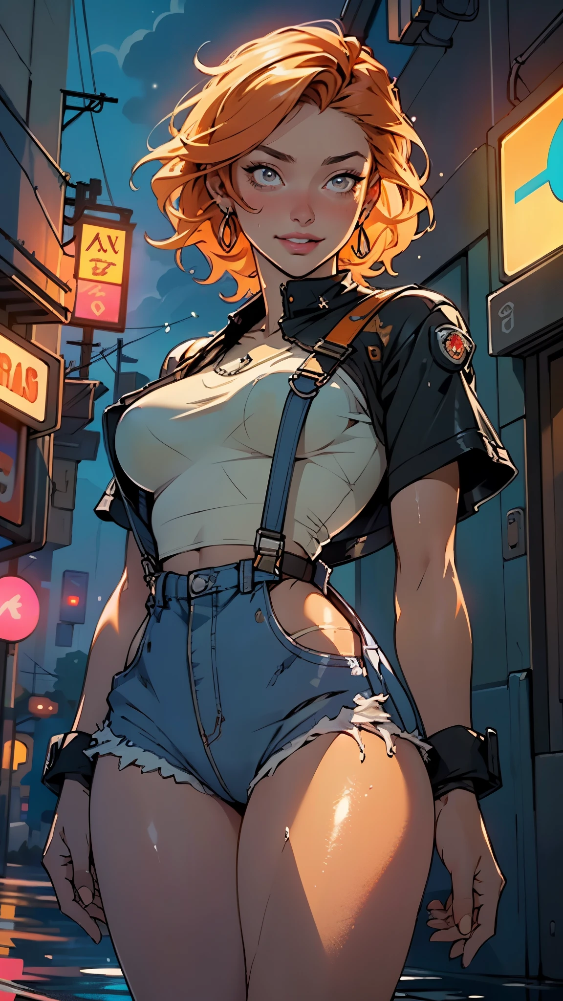 girl genie,(((1girl))),((girl with extremely cute and beautiful hair)),
(large breasts:1.4),(((orange hair:1.35,short hair))),(((eyes_orange:1.3))),intricate eyes,beautiful detailed eyes,symmetrical eyes,((fat)),((((lustrous skin:1.5,bright skin: 1.5,shiny skin,very shiny skin,shiny body,plastic glitter skin,exaggerated shiny skin,illuminated skin,wet legs))),(spider lower abdomen,narrow waist,wide hip,athletic body,inflated legs, thick thighs,detailed body,(detailed face)),
cute,slutty,seductive,erotic,(nsfw),
((woman mechanic wearing tattered worn-out stained military overalls)), ((his only clothing is overalls)), grunge, oily, sweaty, dirty, ripped)),show skin,((wet clothes)),
(dynamic pose:1.0),((happy)),(centered,scale to fit dimensions,Rule of thirds),
cyberpunk city by the ocean at night, with bright neon signs and dark stormy clouds and puddles, scenery:1.25,nighttime, starry night, cosmos,Very dark night that makes the neon lights stand out, very bright neon lights,nighttime, starry night, cosmos,
artistic photography,(photography taken by sldr),highres, sharp focus,(ultra detailed, extremely detailed), (photorealistic artwork:1.37),(extremely detailed CG unity 8k wallpaper),((synthwave background theme)),(((vibrant colors))),intricate,(intricate background),(masterpiece),(best quality),perfect rendered face,perfect face details,realistic face,photo realistic,analog style,((intricate detail)),(((realism))),