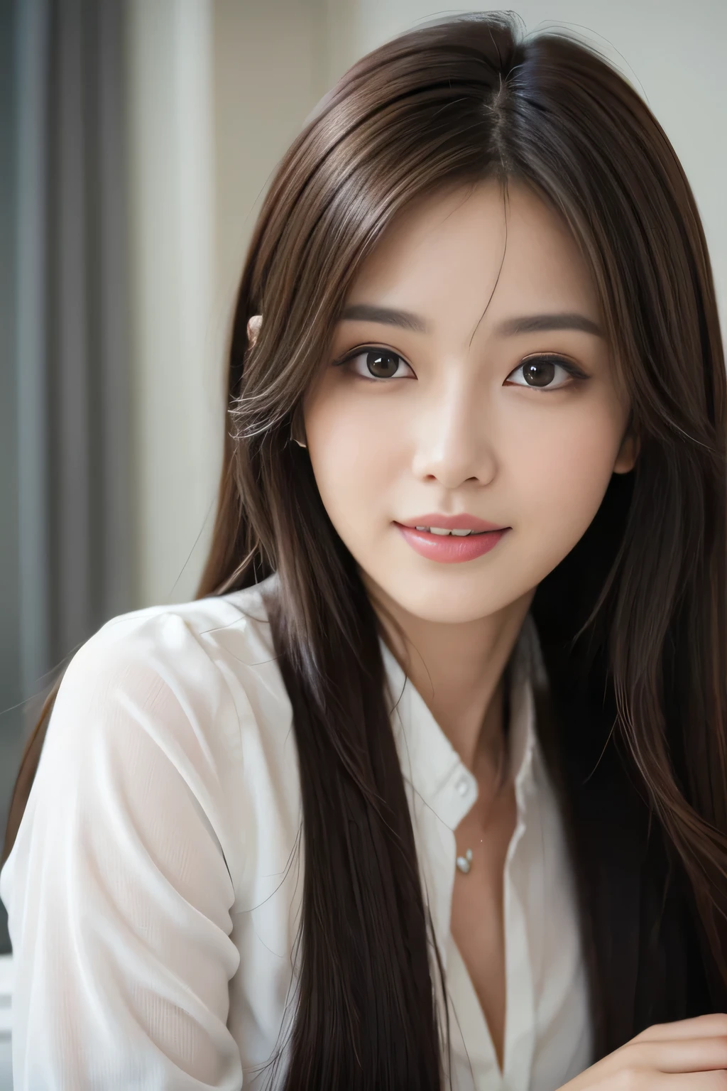 table top、highest quality、genuine、Super detailed、finely、High resolution、8k wallpaper、one beautiful woman、、、light brown disheveled hair、wearing a business suit、sharp focus、perfect dynamic composition、beautiful and detailed eyes、thin hair、詳細なgenuineな肌の質感、smile、close-up portrait、model body shape