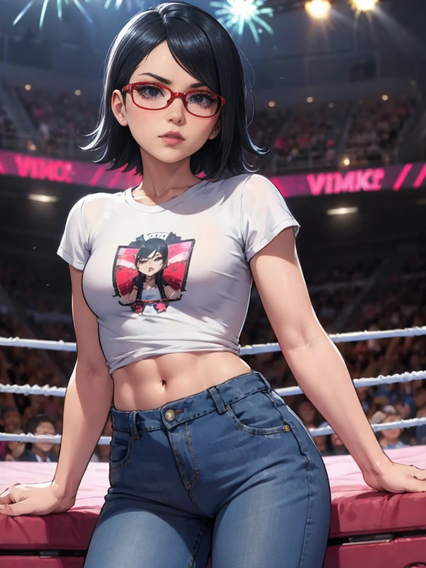 Illustration in the style of comic artist Jim Lee. llustration of Sarada Uchiha with short hair, black eyes, wearing red glasses, pink lipstick. she is admiring the crowd. as wwe superstar inside the ring with WWE Women's Championship belt wearing on the waist, diva, t-shirt. Detailed image. Artistic dedication. abdomen. Fireworks, small, slim, jeans, anime, mangá